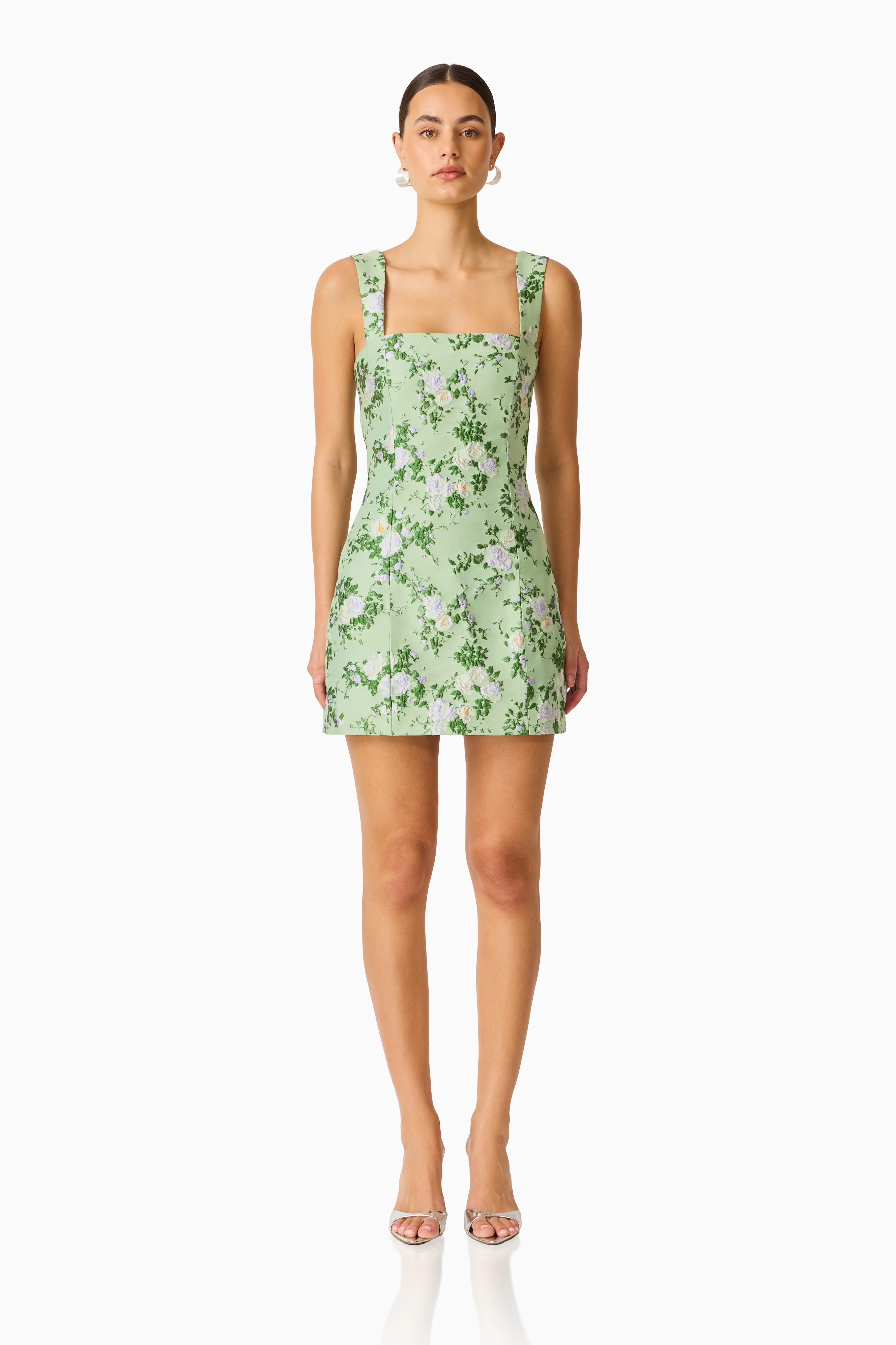 Christina Jacquard Mini Dress In Green Floral