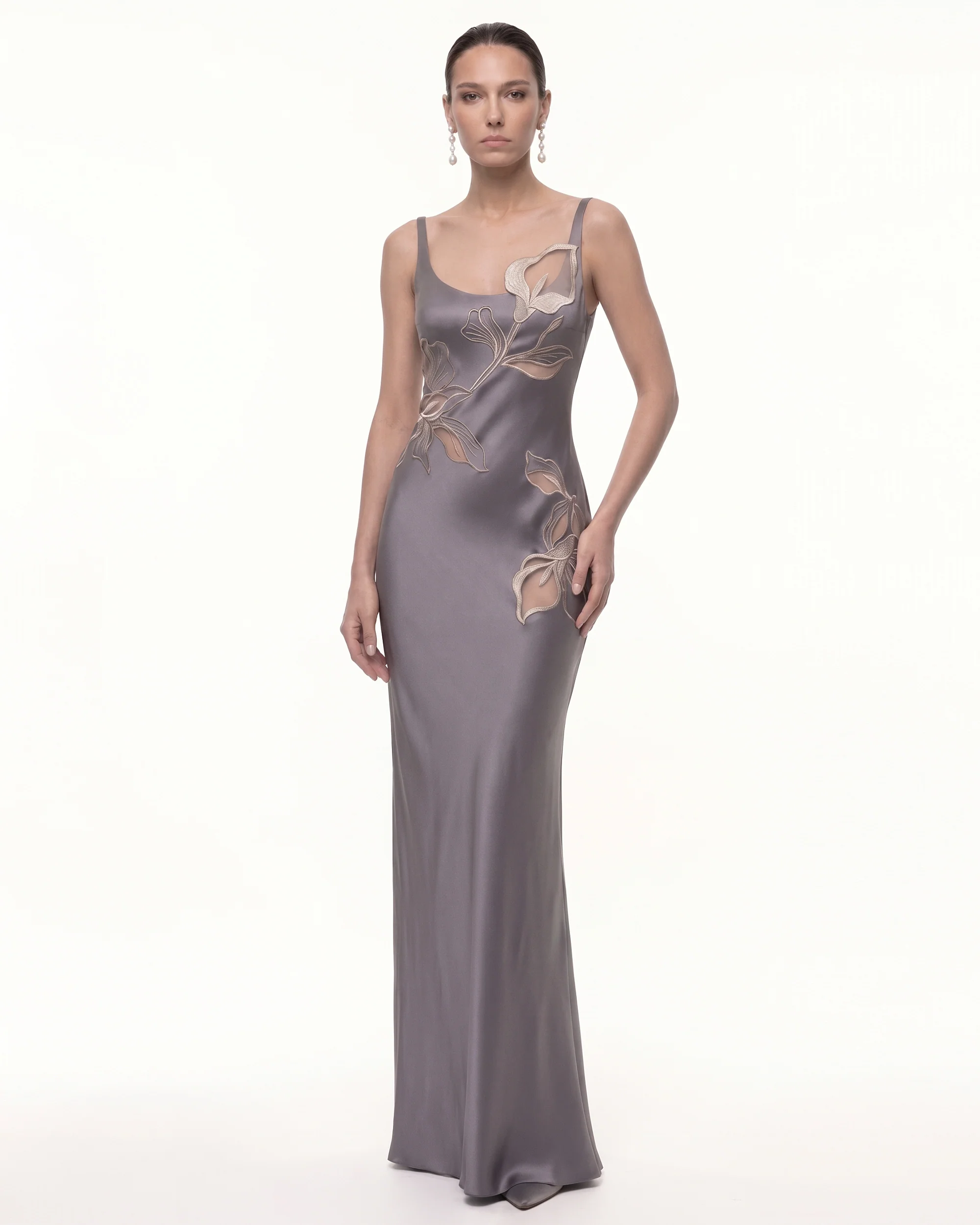 Calla Lily 3D Floral Satin Maxi Dress - Gray Purple