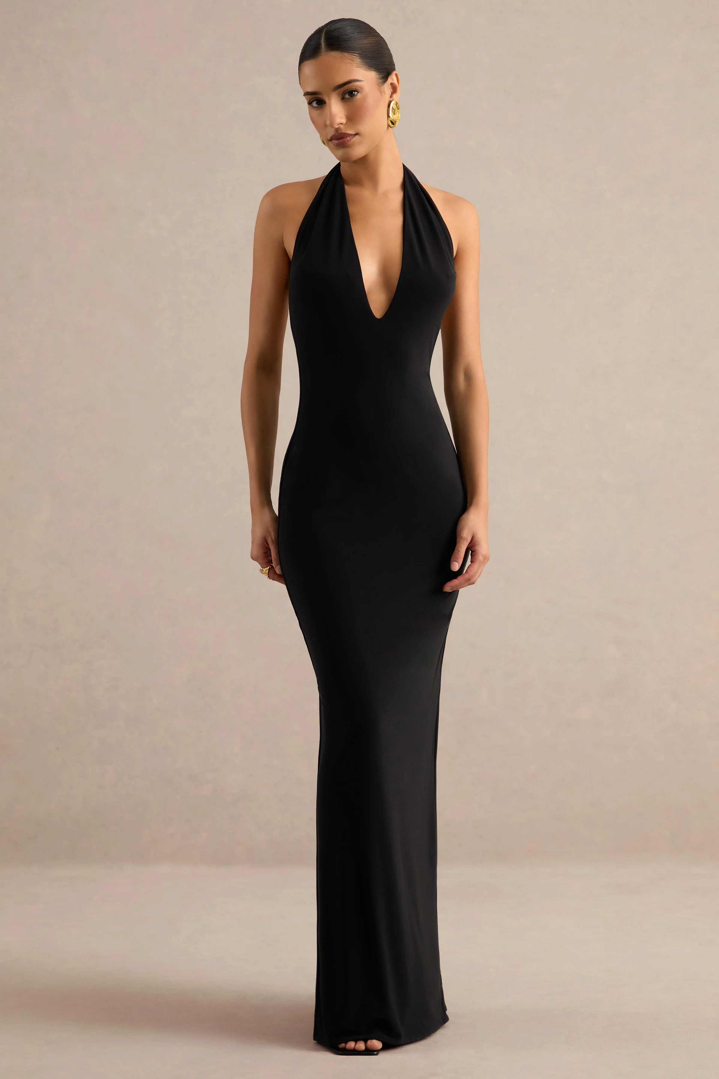 Maristela | Black Jersey Ruched Plunge Maxi Dress With Open Back And Detachable Sleeves