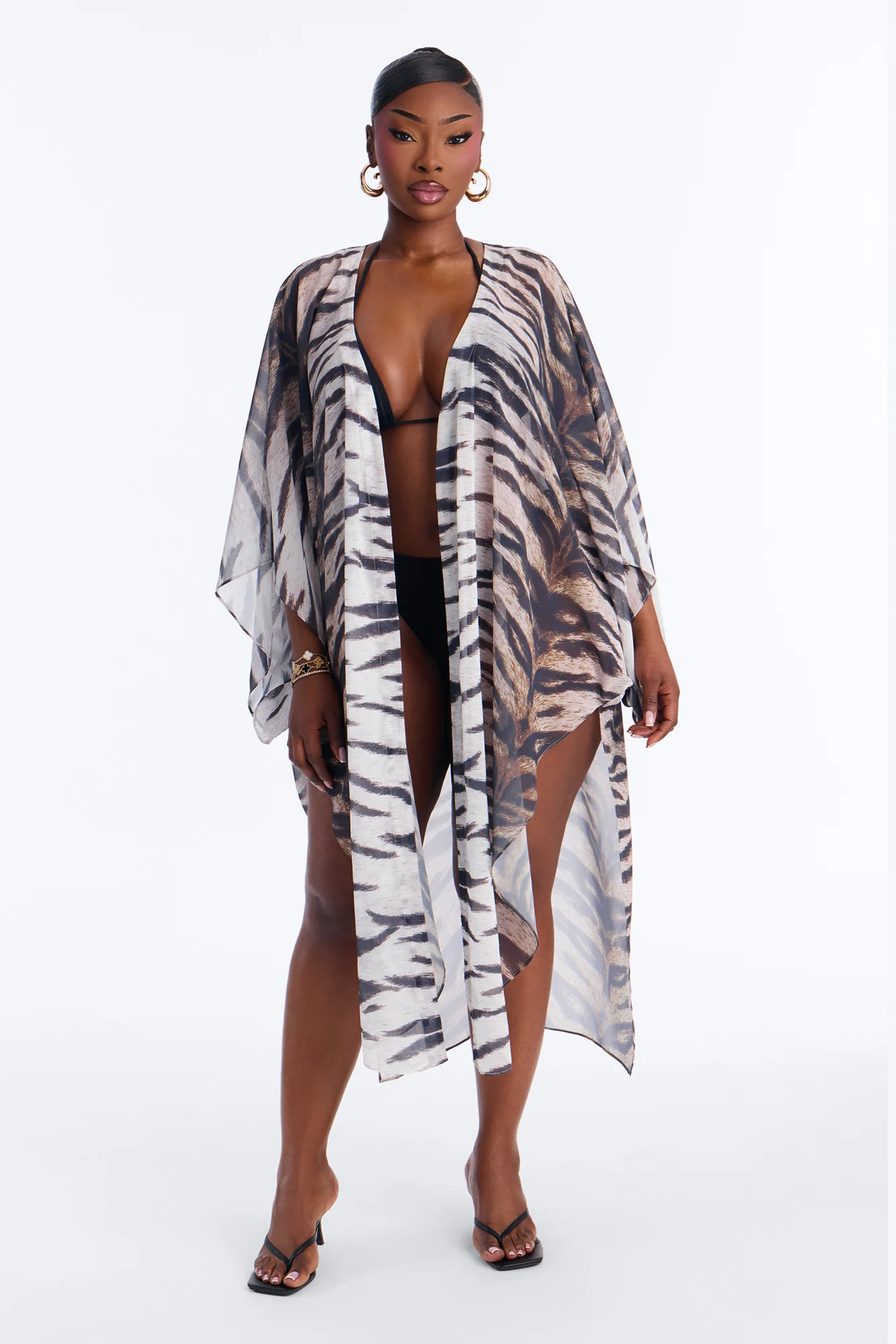 Wildin Out Long Sleeve Animal Print Cover Up Kimono - Brown/combo