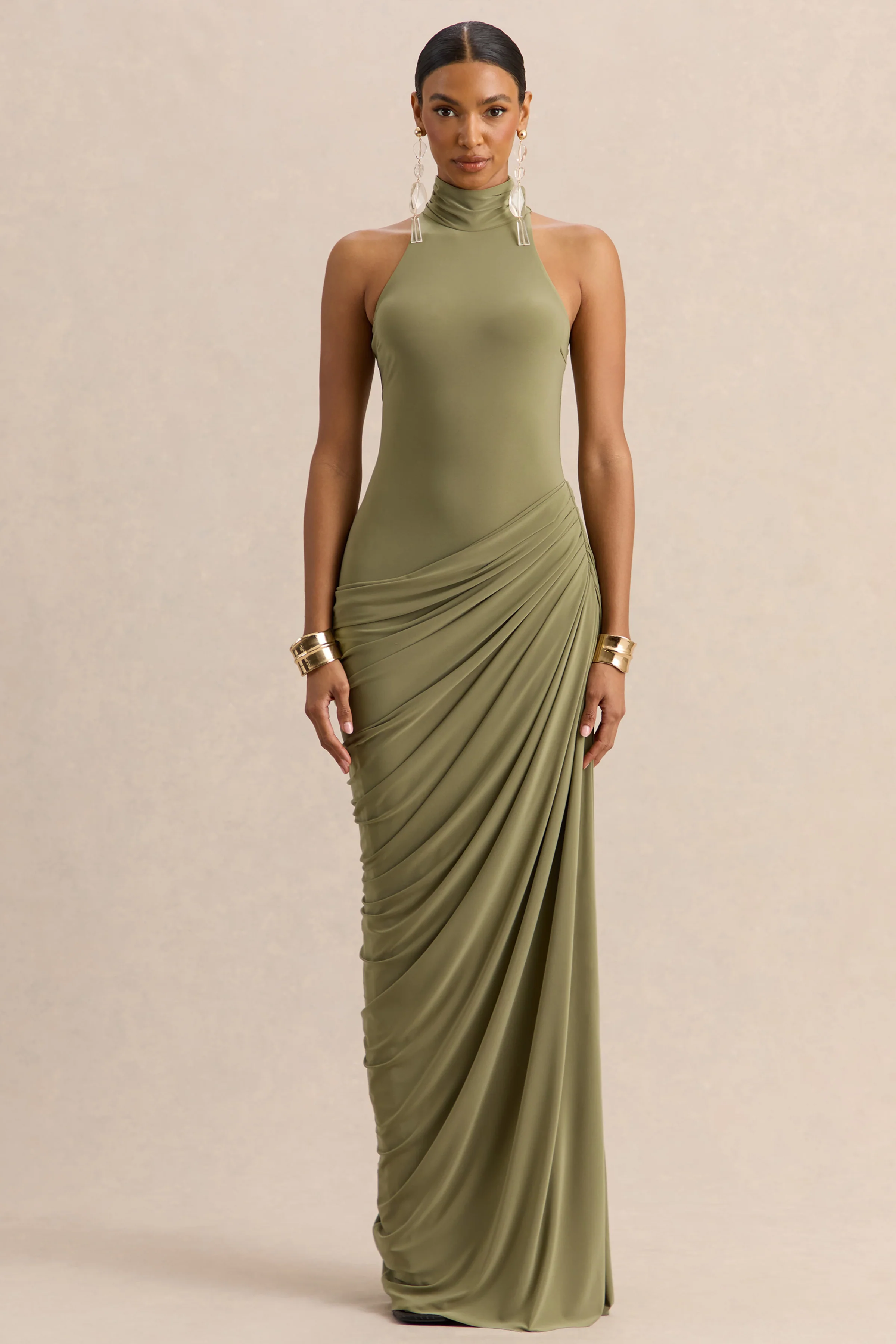 Junelia | Olive Jersey Ruched High Neck Maxi Dress With Draped Skirt