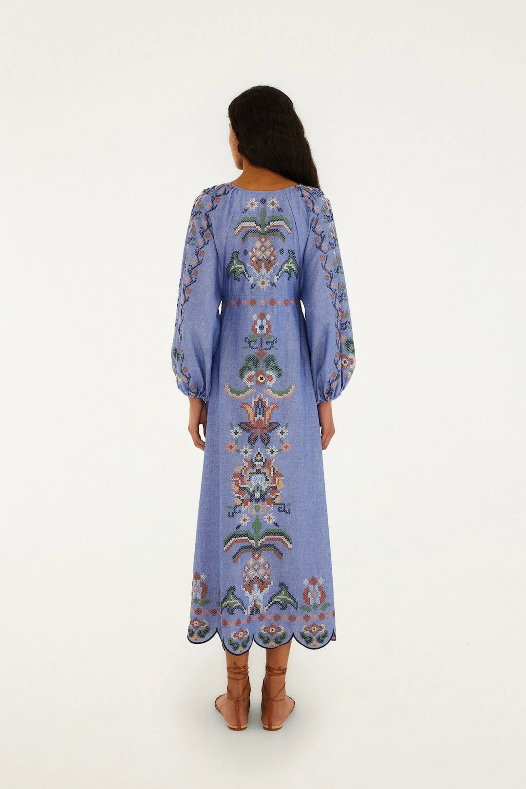 Blue Garden Tapestry Embroidered Long Sleeve Midi Dress