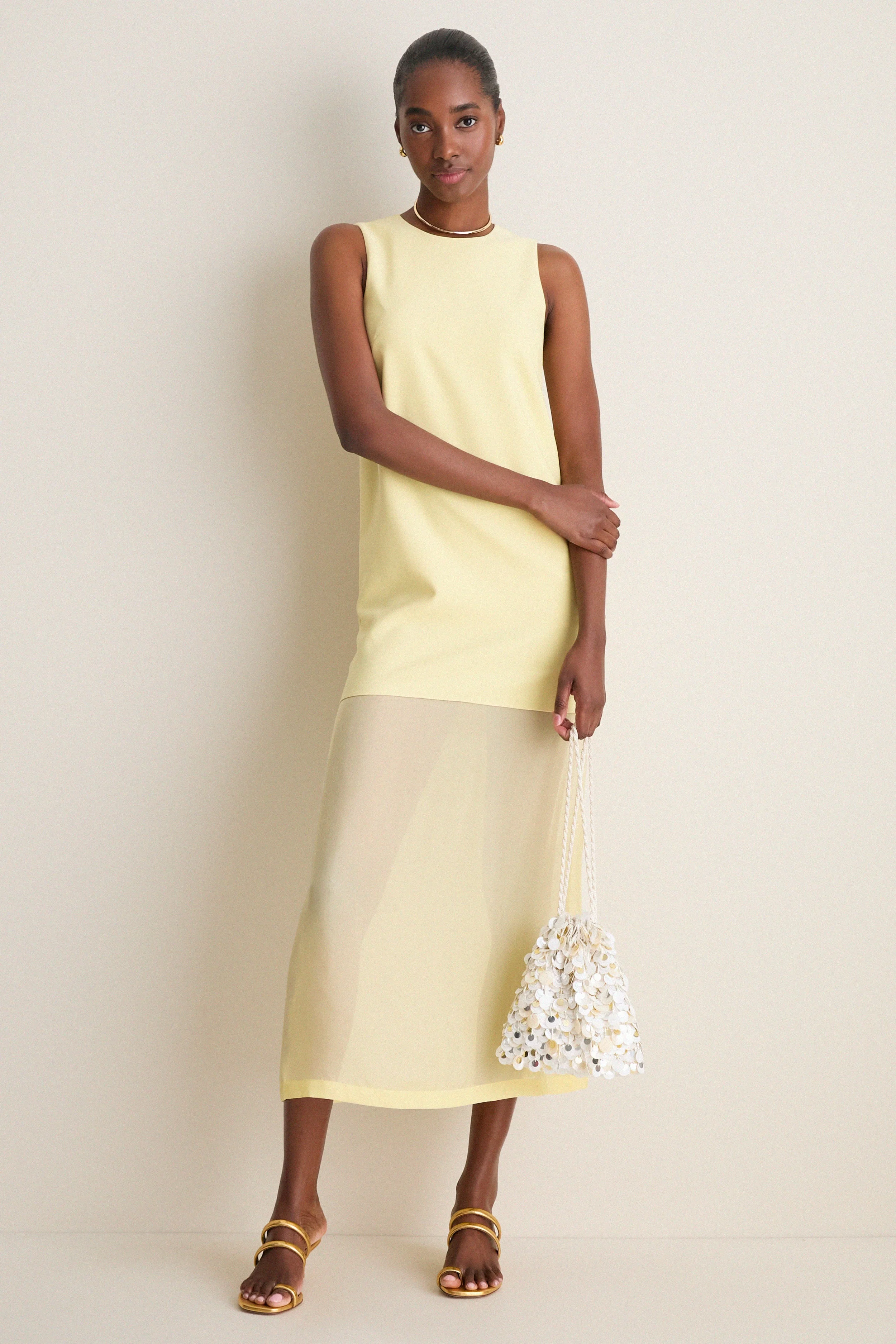 Pale Yellow Bonotto Crepe and Silk Chiffon Dress