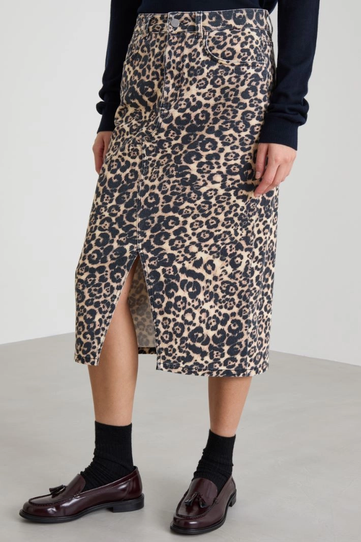 Animal print denim midi skirt - BROWN