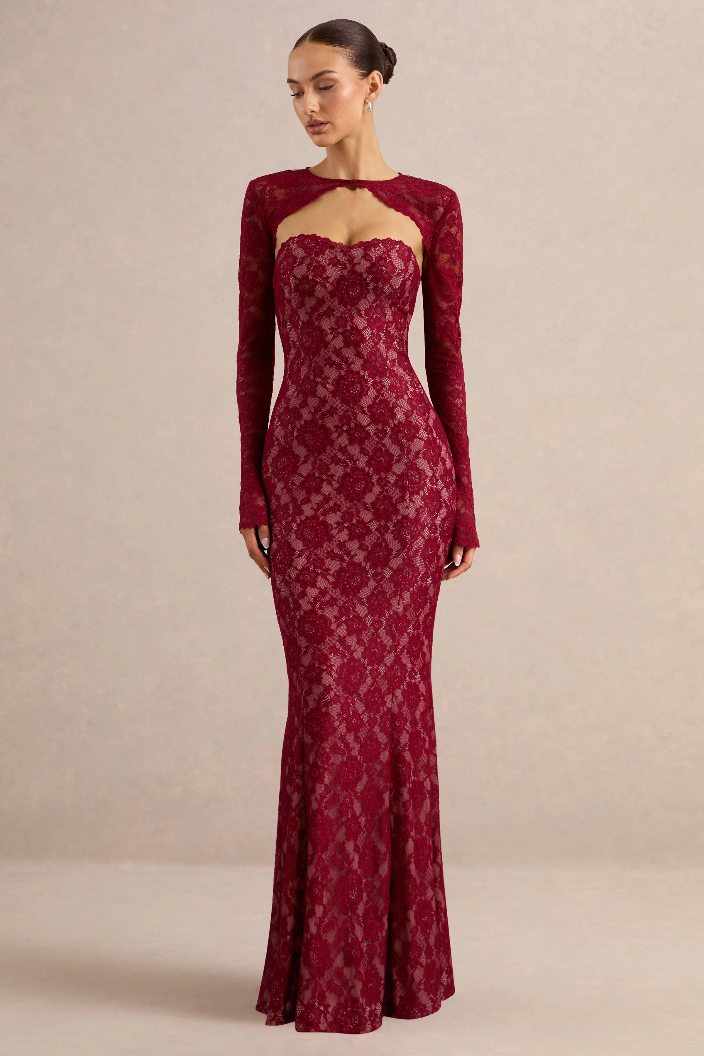 Mirellia | Dark Red Lace Sweetheart-Neck Maxi Dress