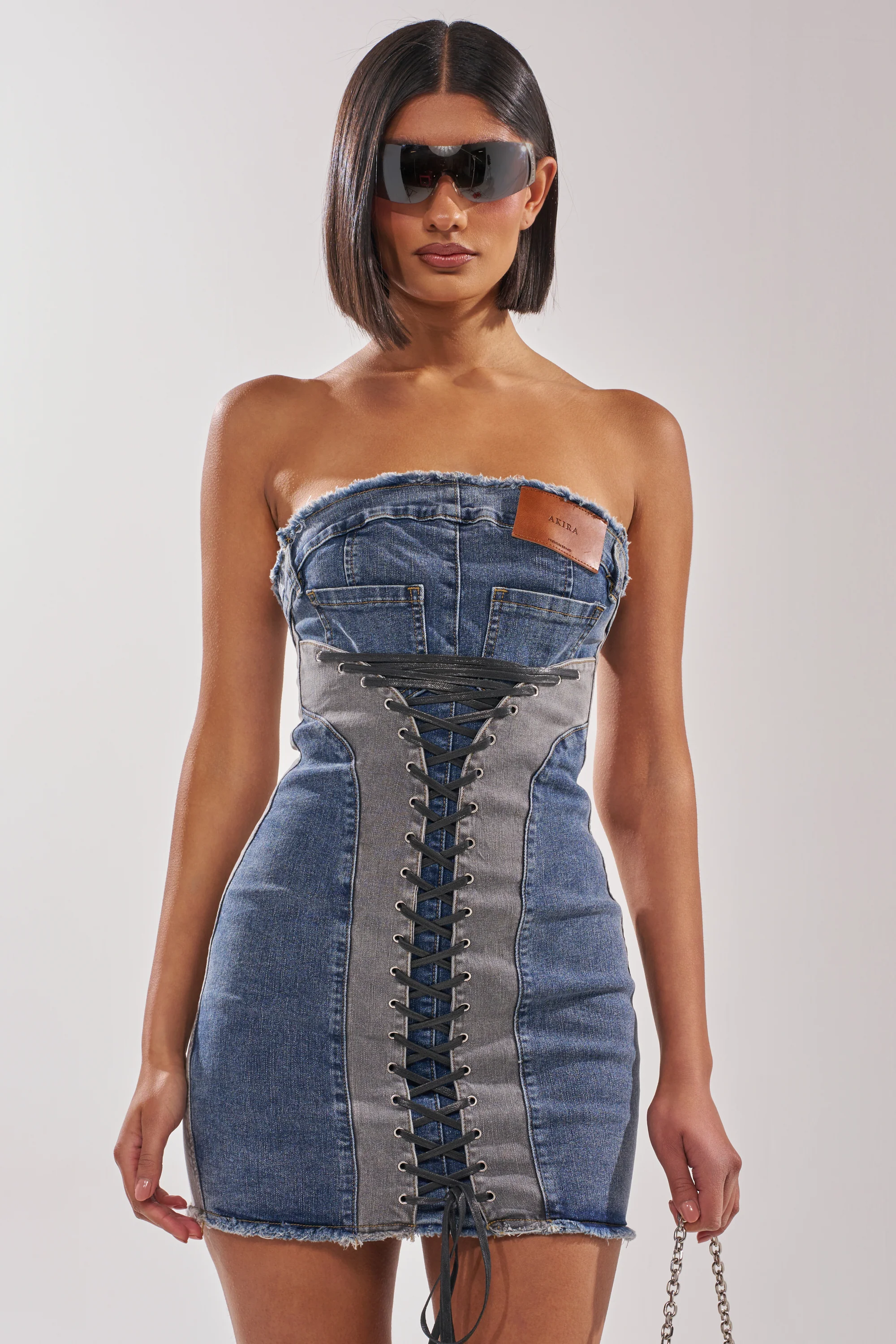Laced Up Mini Denim Dress