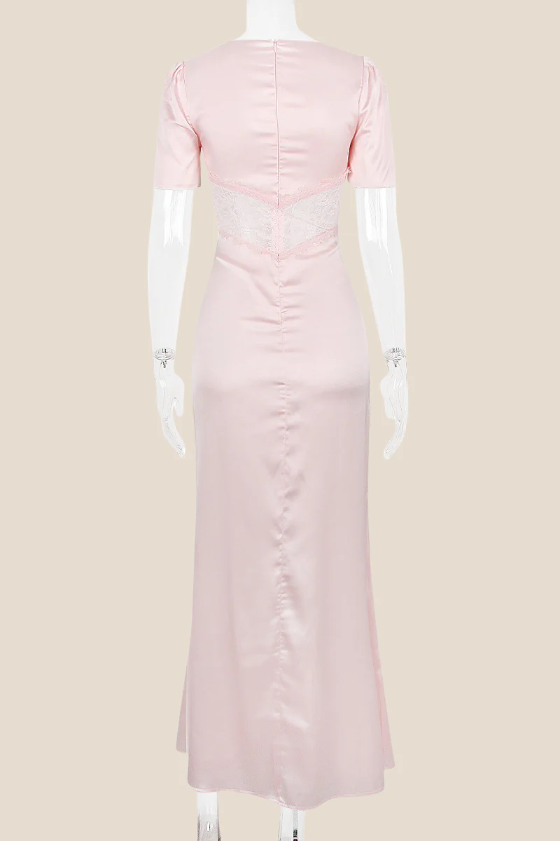 Puff Sleeves Pink Lace Splicing Mermaid Long Dress