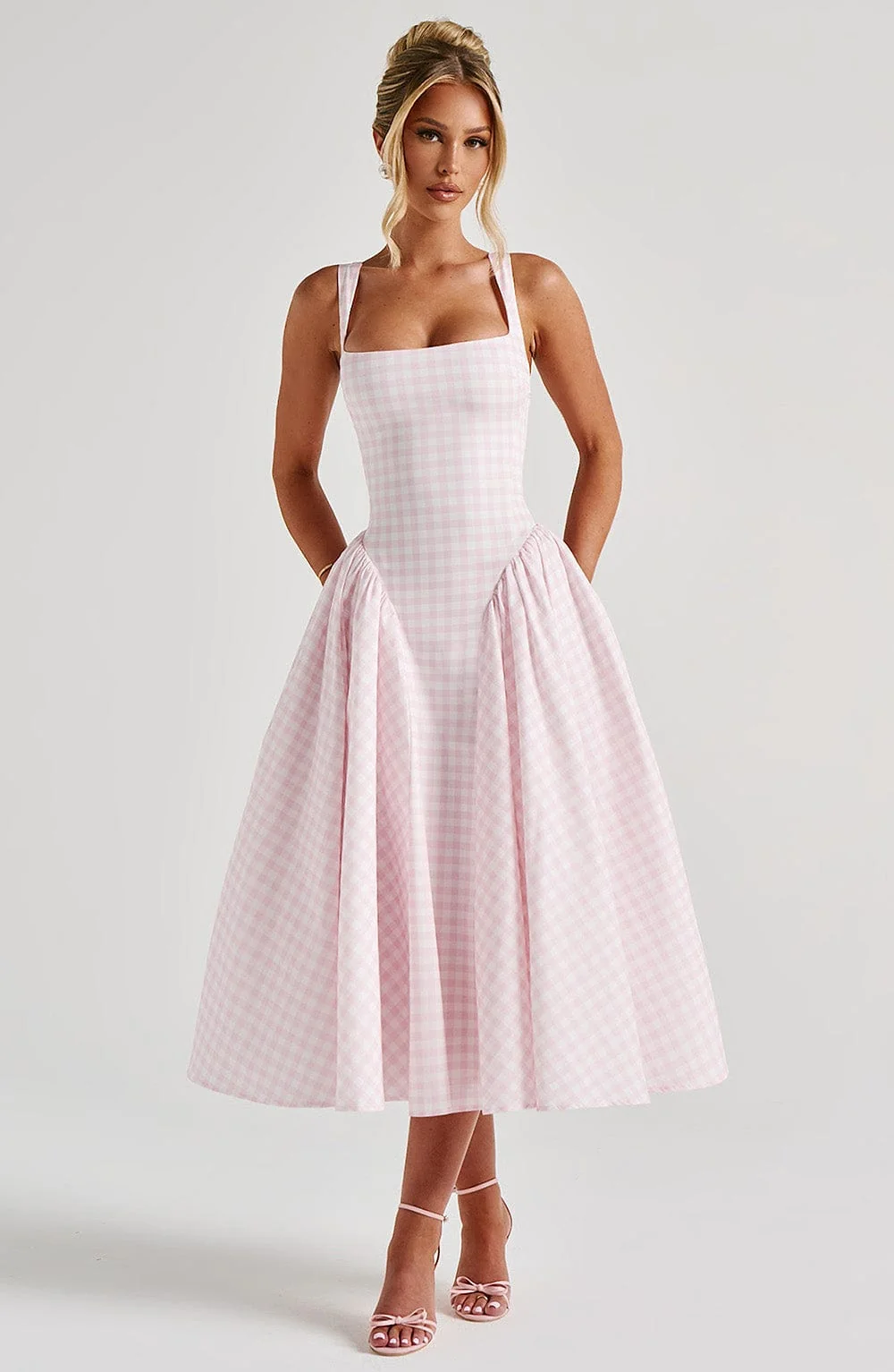 Kaydence | Women's Sleeveless Square-Neckline Gingham Midi Dress