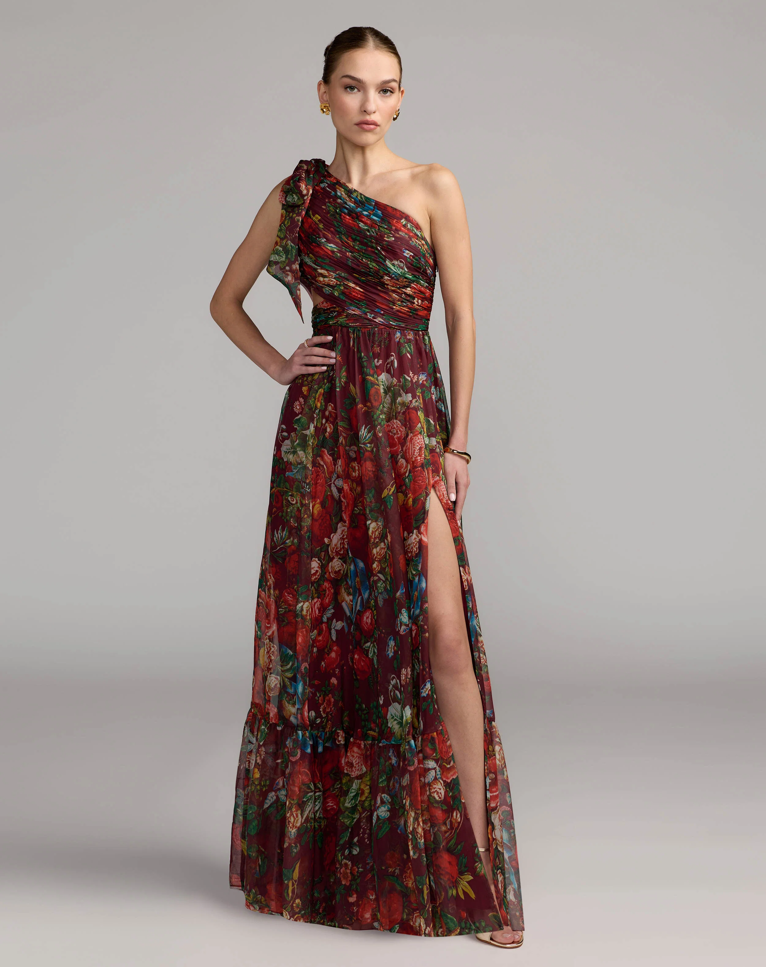 Burgundy One Shoulder Floral Printed Chiffon Side Cut Out Gown
