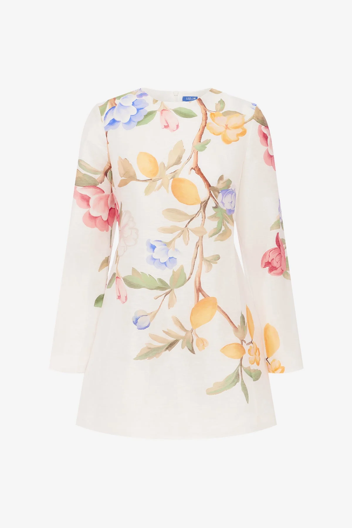 Aliza Long Sleeve Mini Dress - Lemon Vine Print in Snow