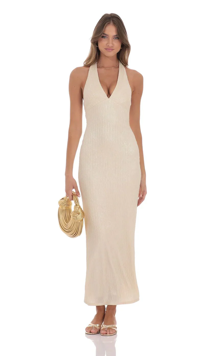 Crinkle Shimmer V-Neck Maxi Dress in Champagne