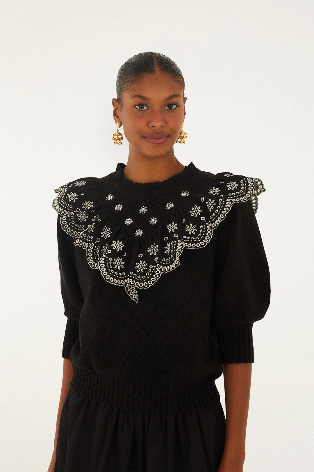 Black Richelieu Ruffled Sweater