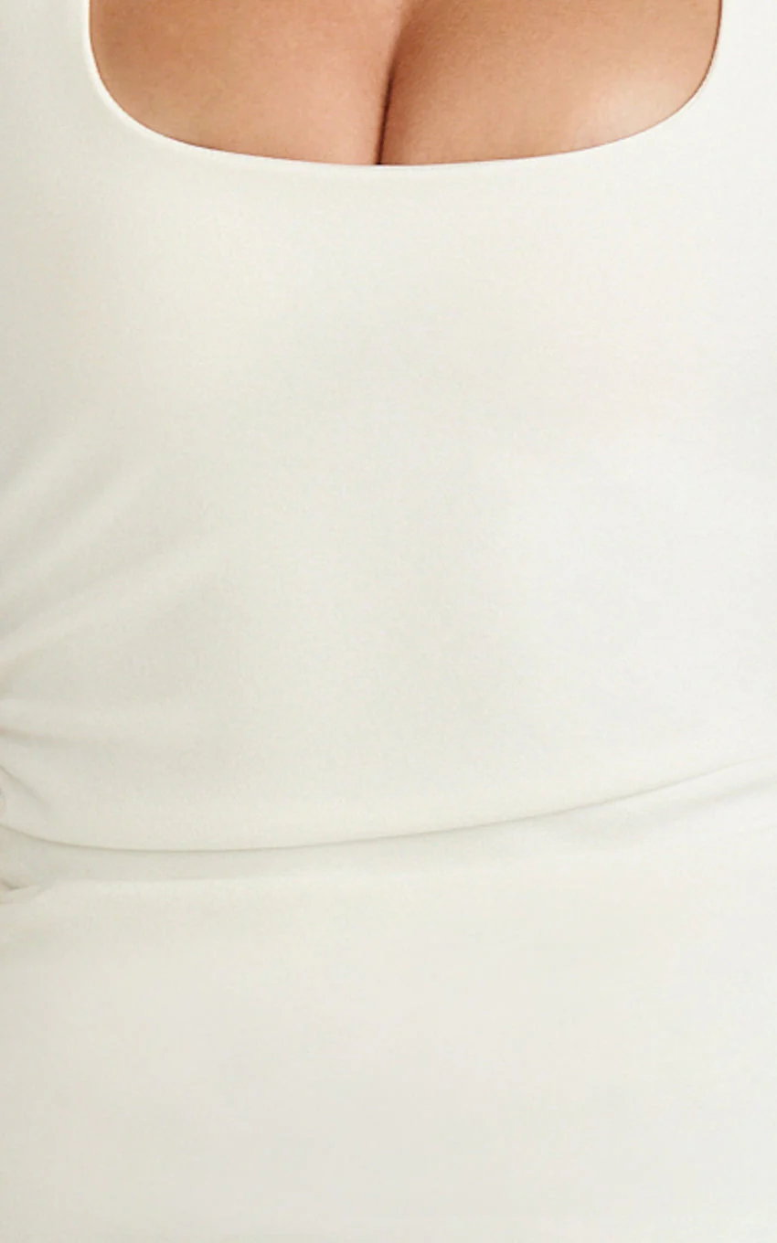 Lucinda Mini Dress - Scoop Neck Ruched Bodycon Dress in White