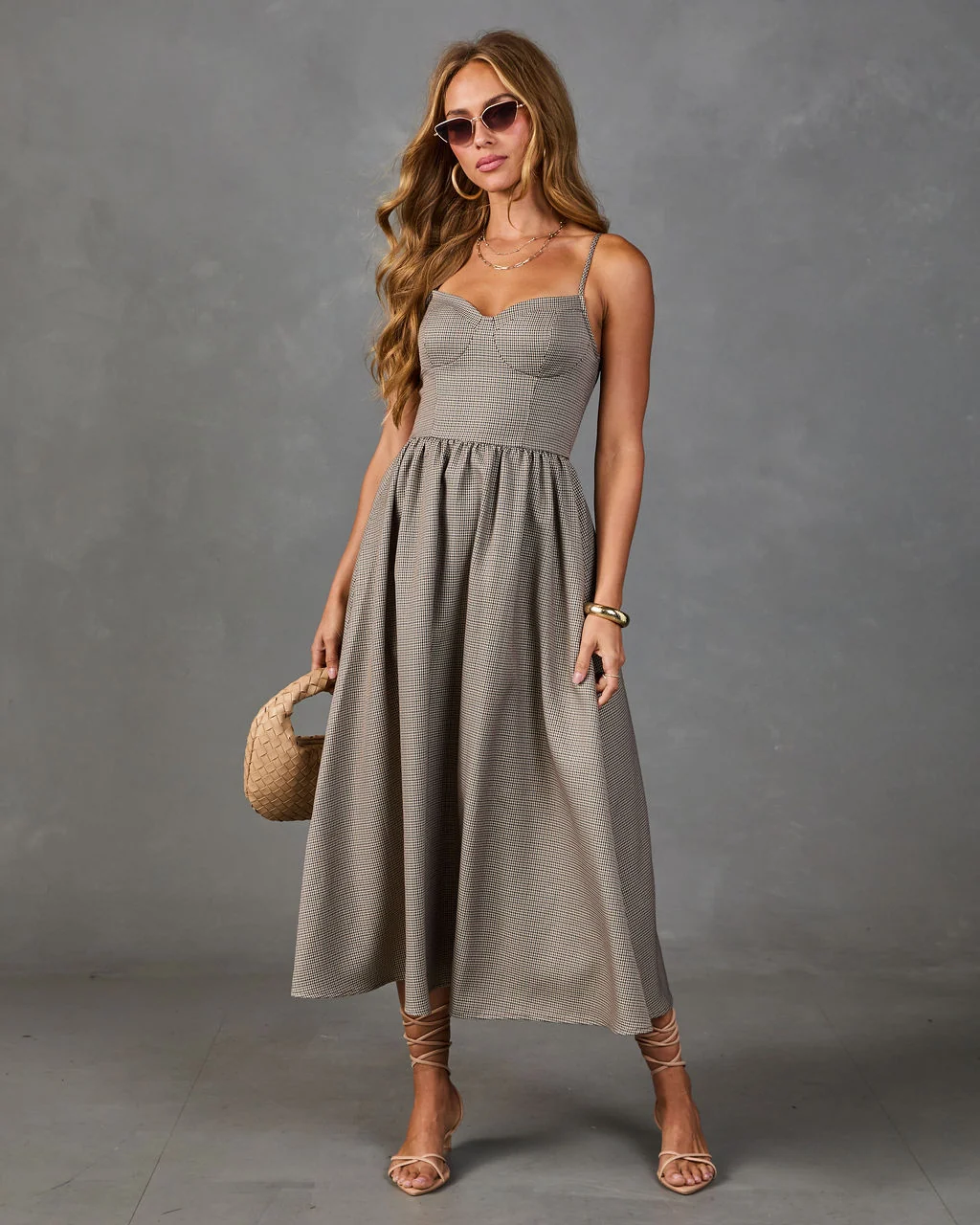Sunday Sol Houndstooth Plaid Tweed Midi Dress