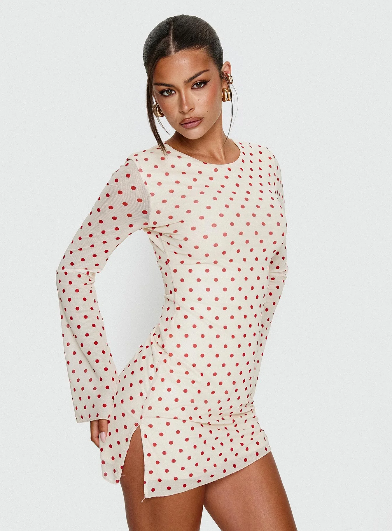 Nyxia Long Sleeve Mini Dress Cream / Red Polka