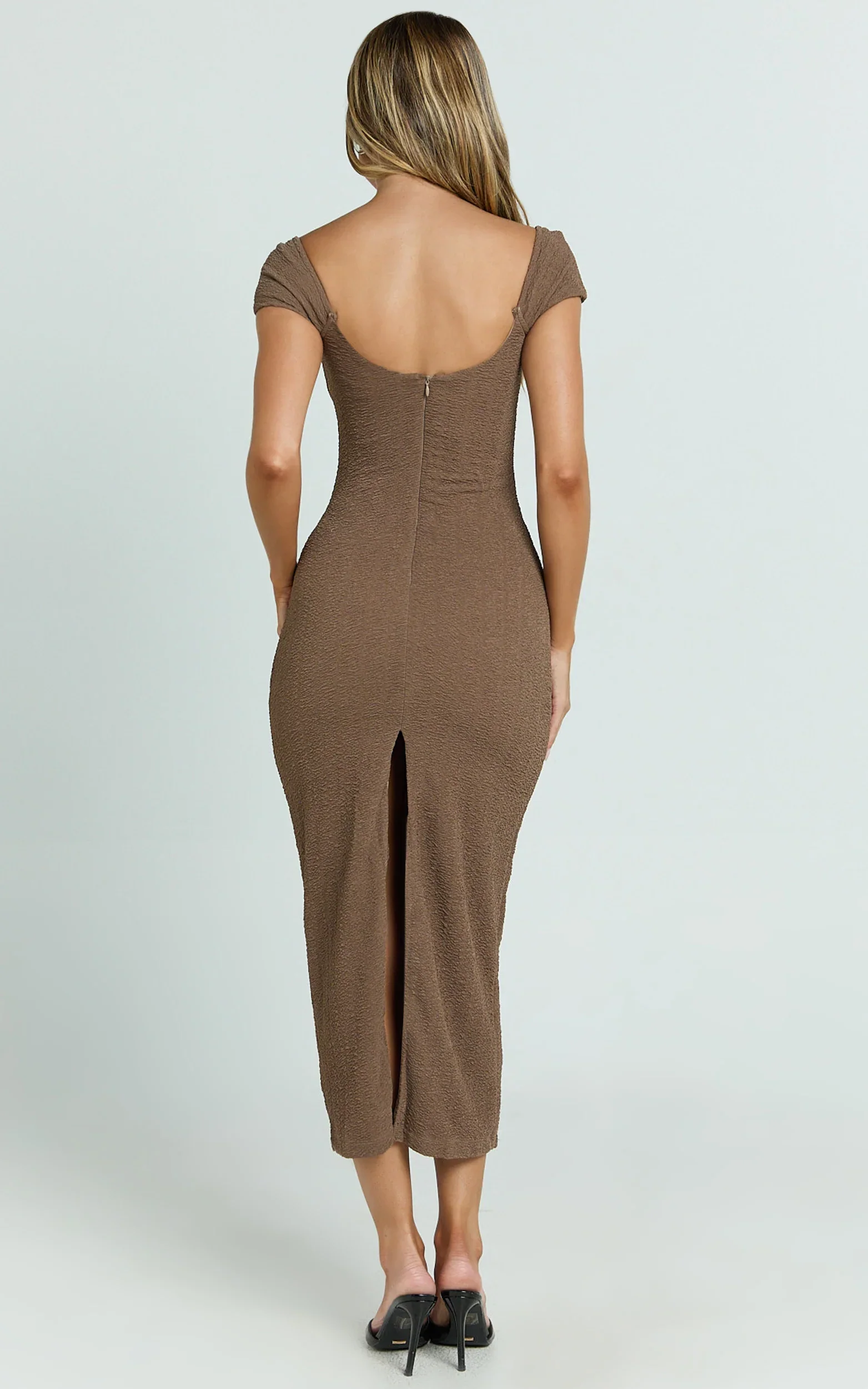 Elia Midi Dress - Cap Sleeve Sweetheart Underwire Fitted Dress in Brown