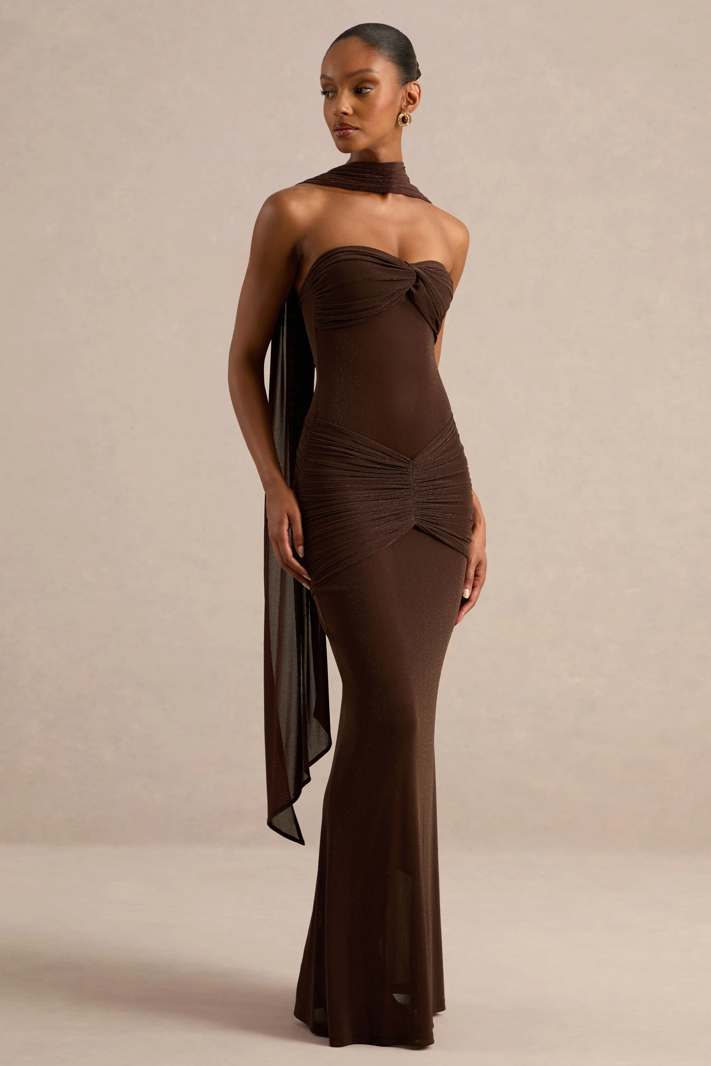 Ursa | Brown Bandeau-Neck Maxi Dress With Scarf Detail And Gathered Detailing