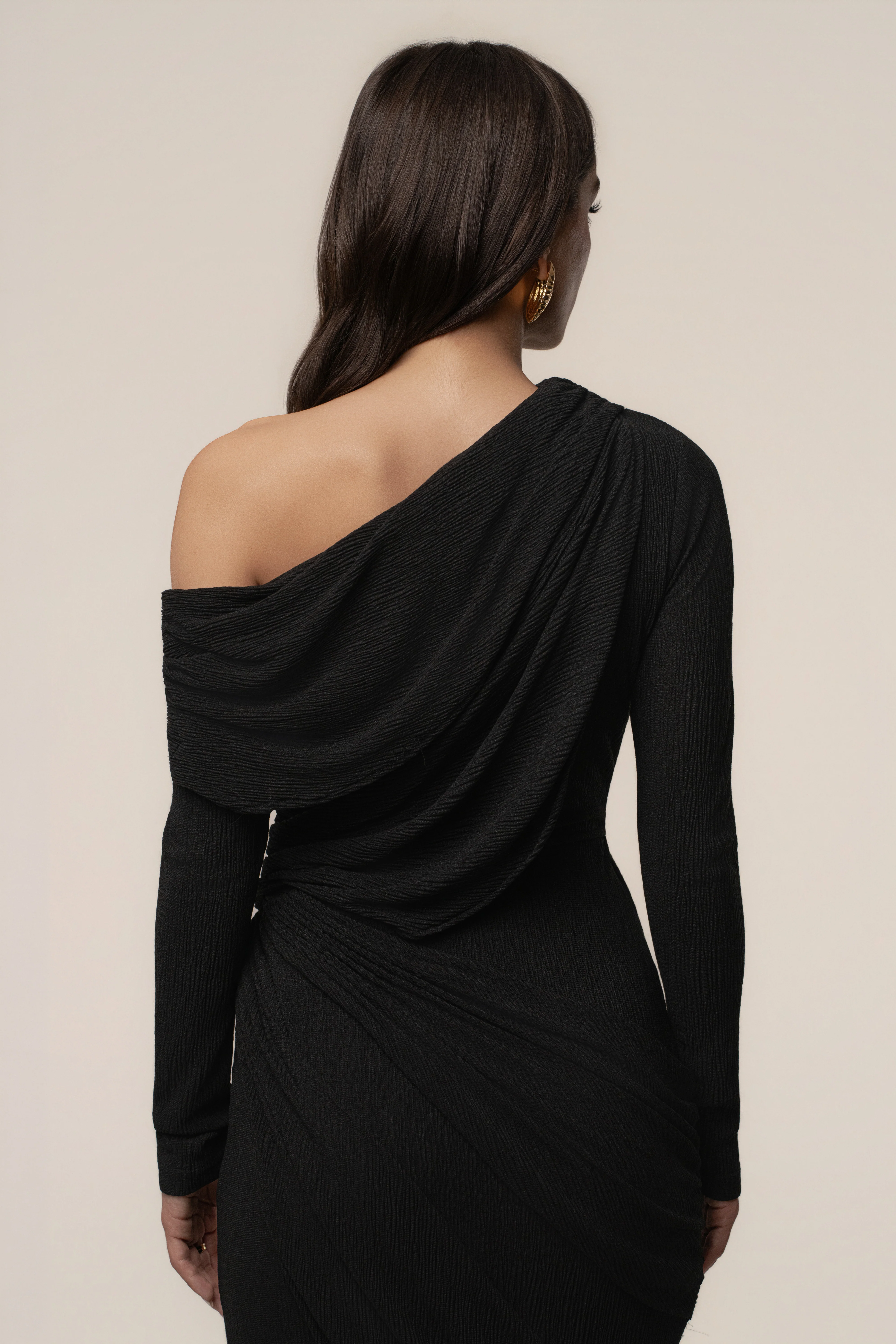 Black Textured One Shoulder Bodysuit