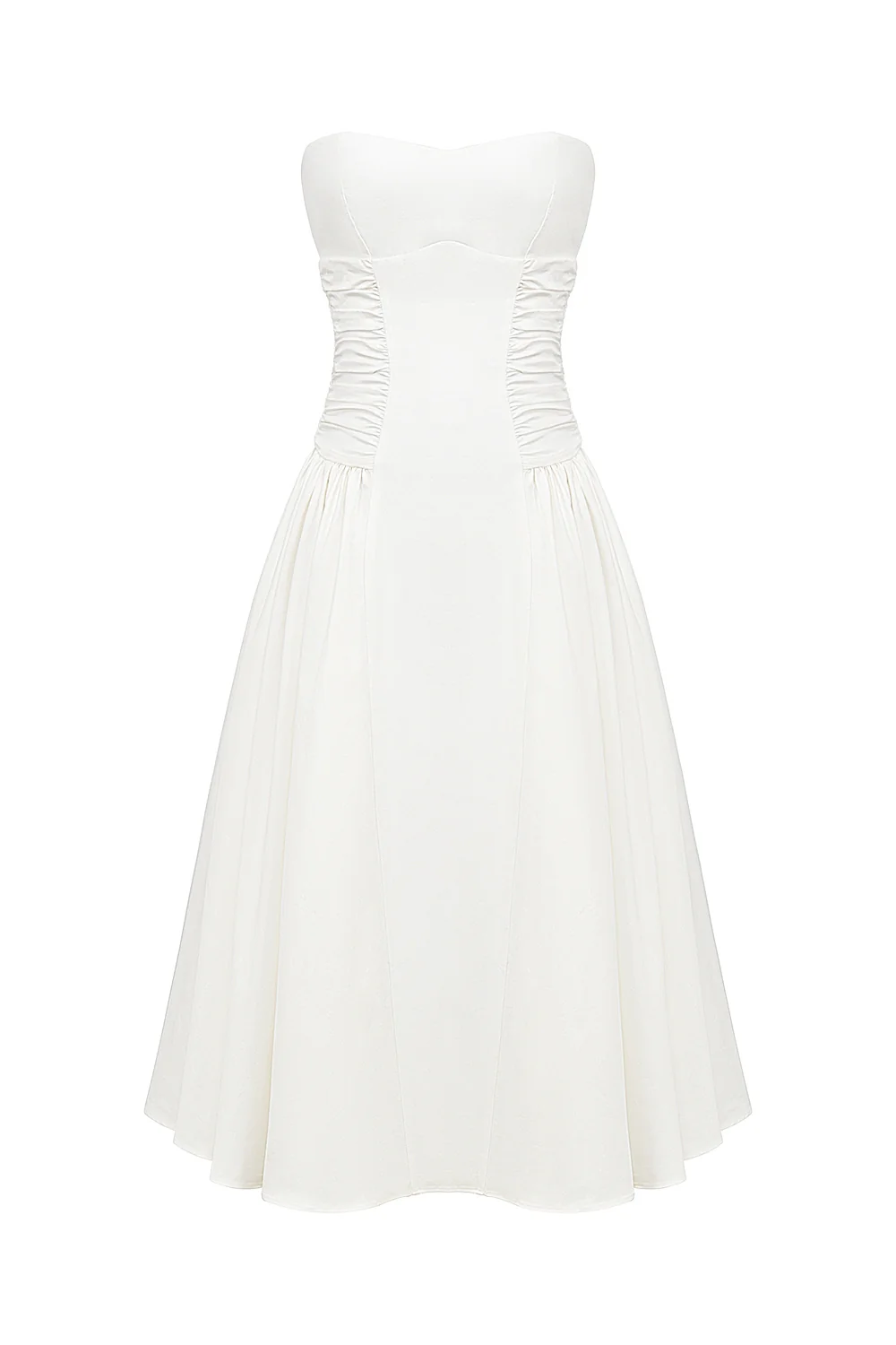 white cotton strapless midi sundress