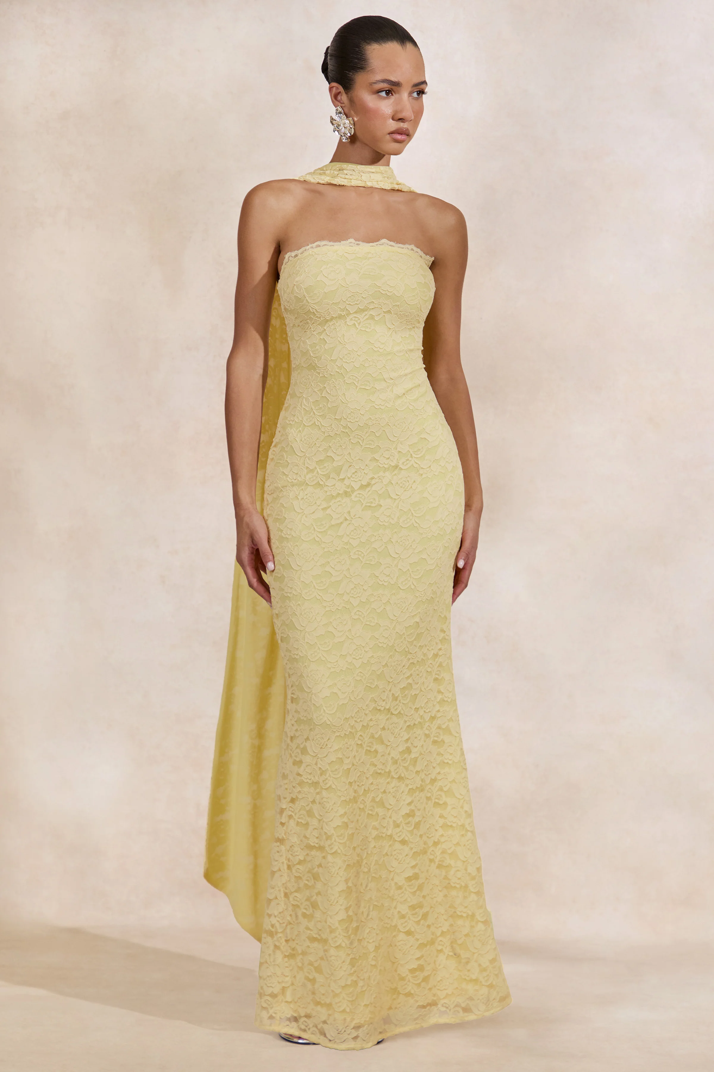 Massima | Lemon Lace Bandeau Maxi Dress With Scarf Detail And Back Split