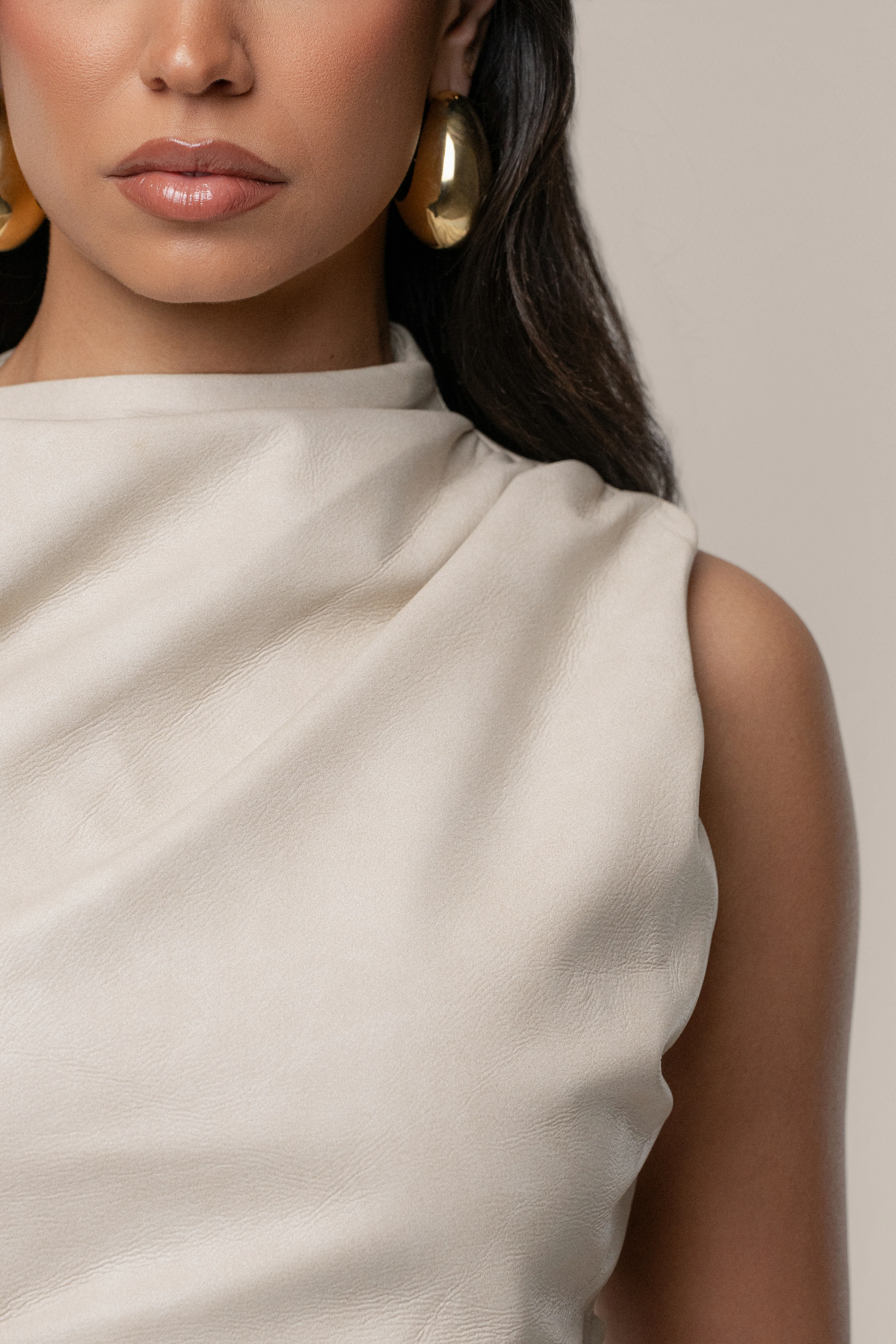 Beige Sleeveless Mock Neck Top