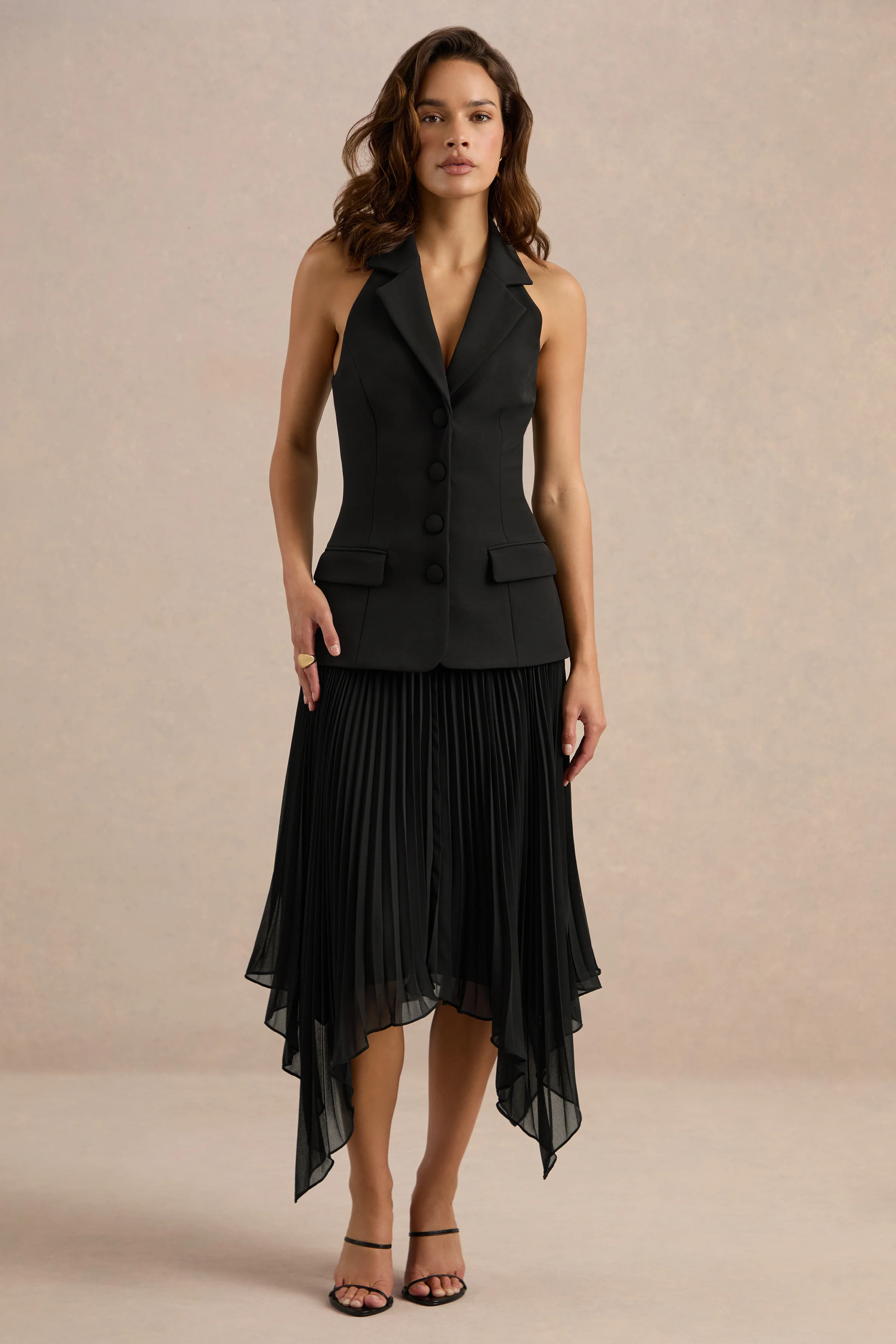 Marvelle | Black V Neck Maxi Dress With Pleated Skirt