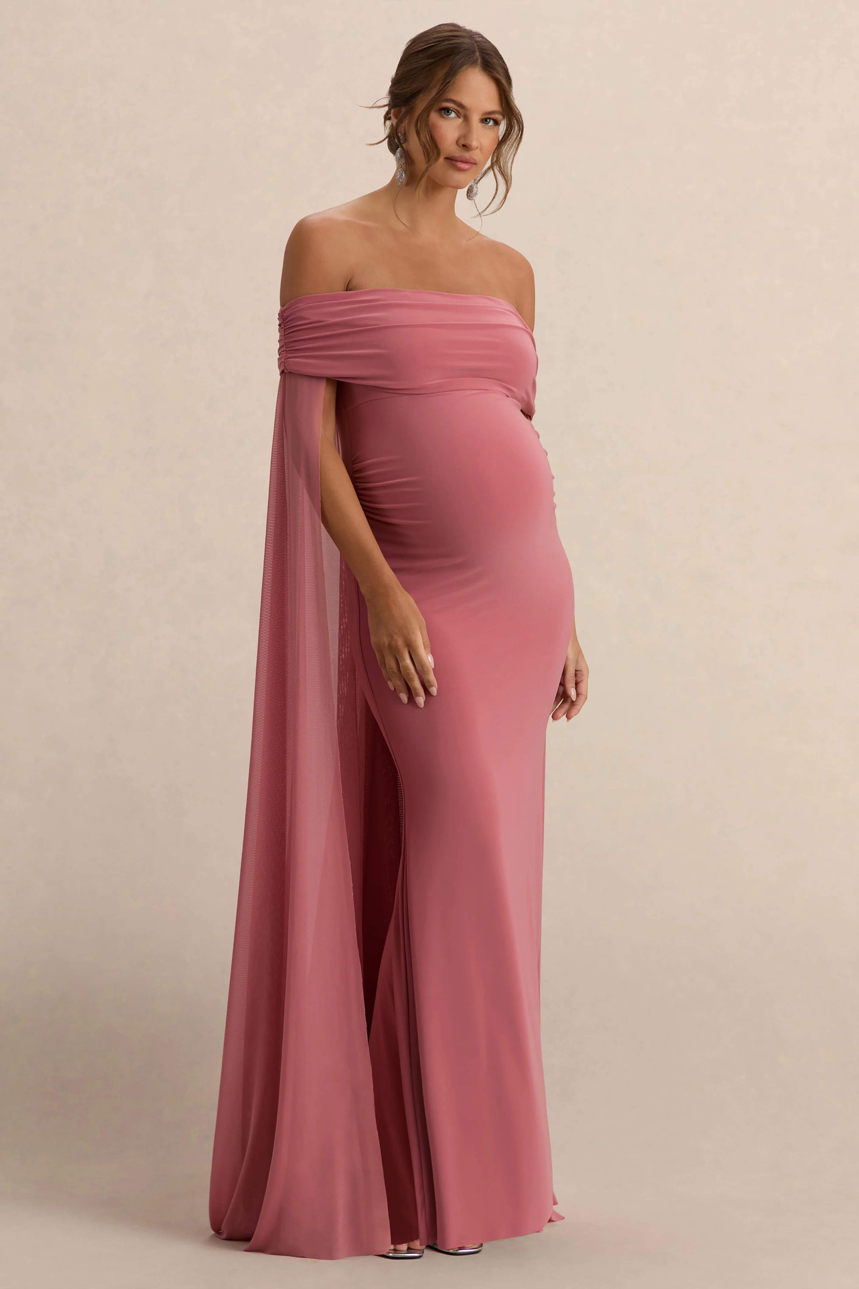Carlotta | Blush Pink Bardot Maternity Maxi Dress With Chiffon Cape