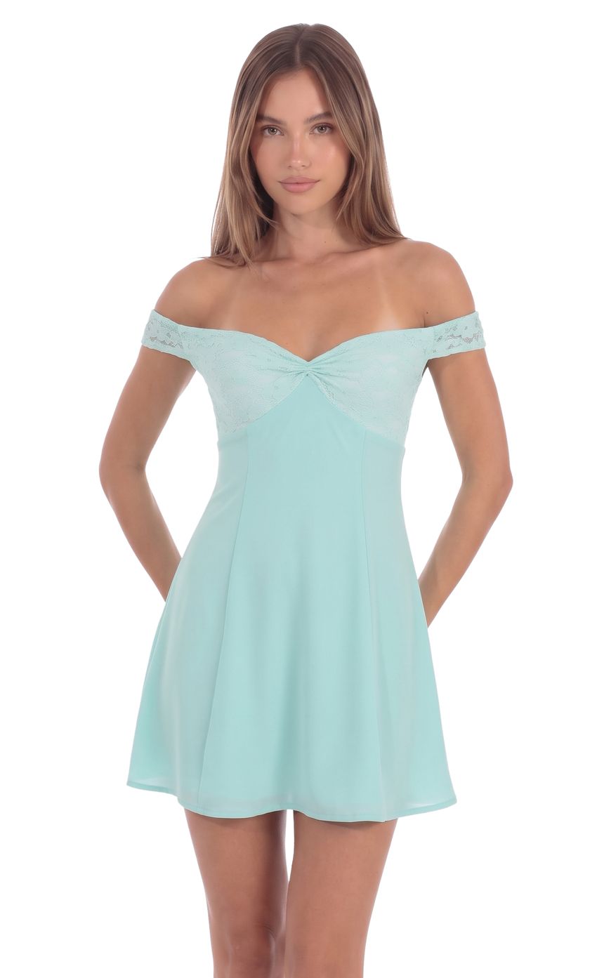 Lace Off-The-Shoulder Mini Dress in Mint