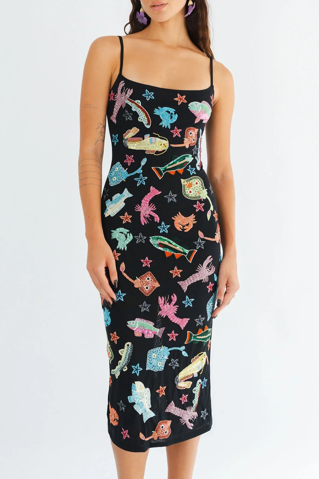 Arizona Hand Beaded Midi Dress - Black