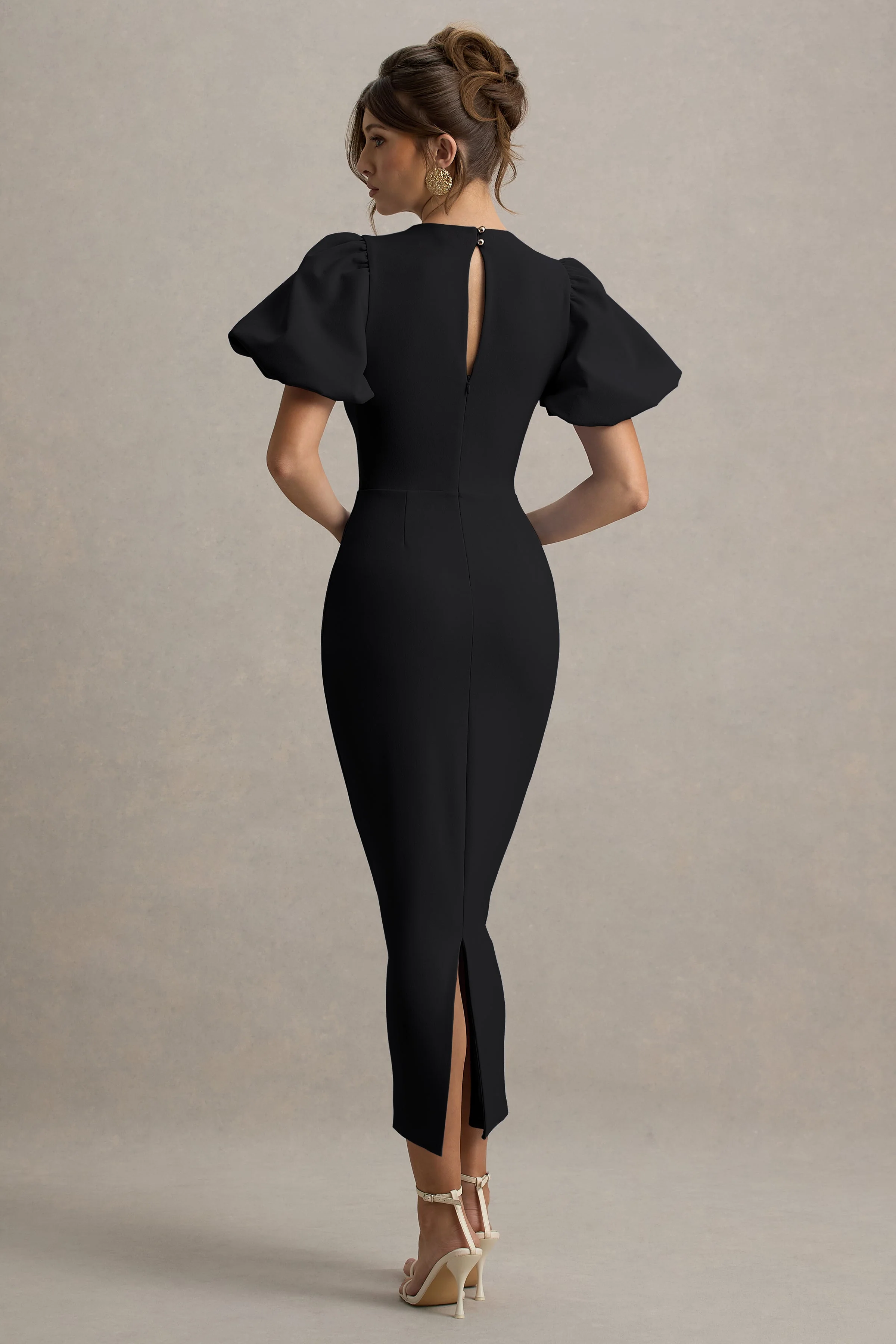 Dakota | Black Puff Sleeve Midi Dress With Back Split
