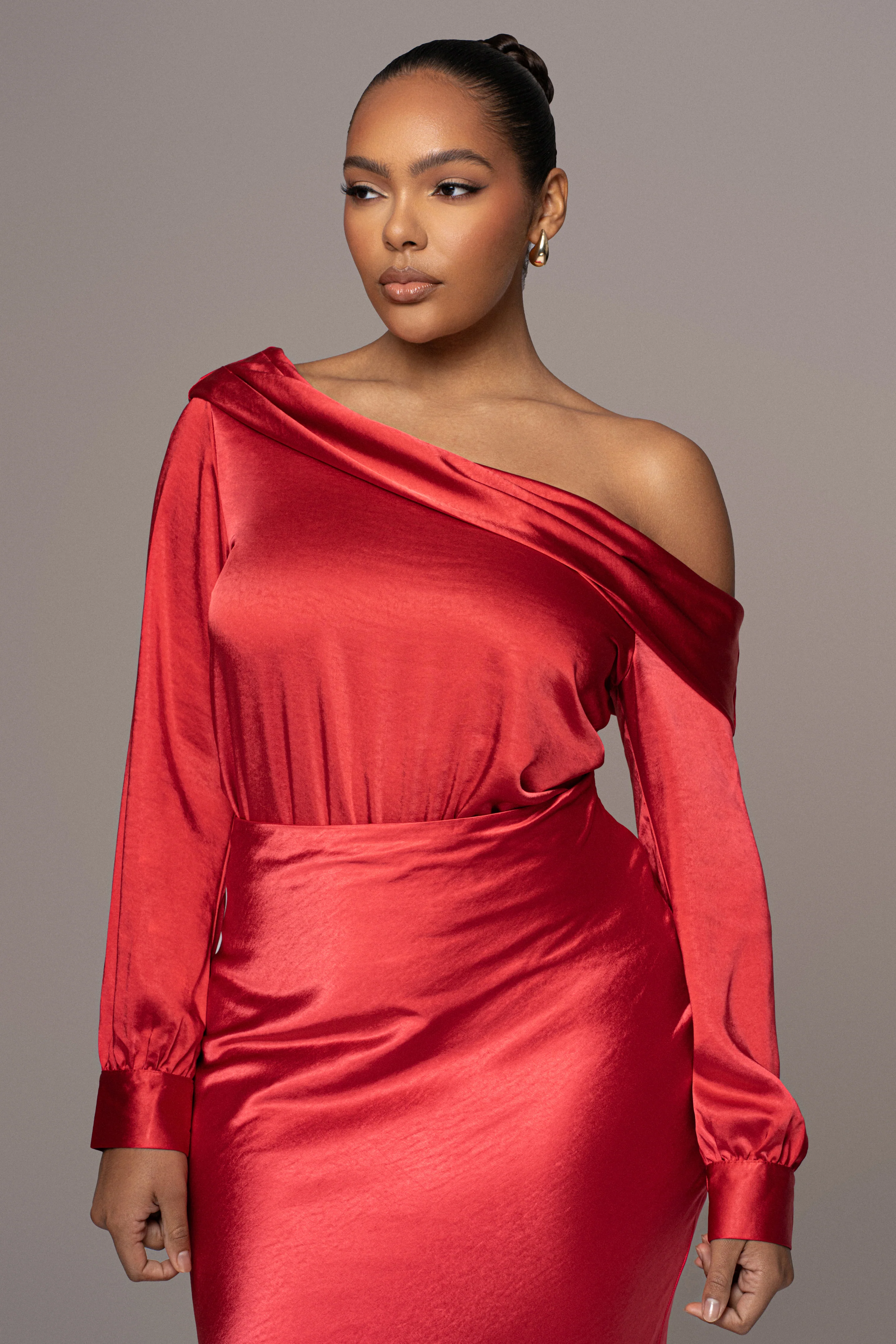 Red Satin Rima Asymmetrical Bodysuit
