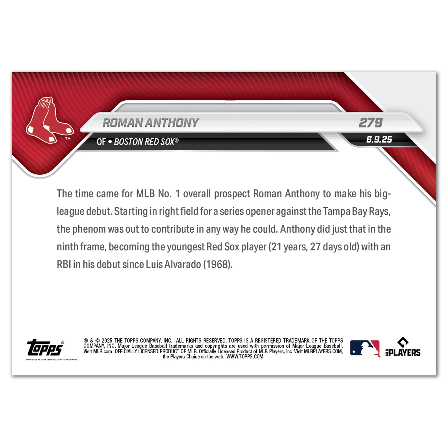 Roman Anthony - 2025 MLB Topps NOW® - Card 279