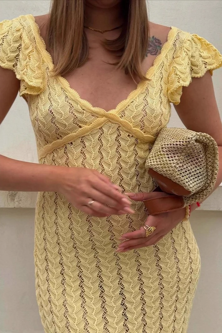 Knit V-Neck Backless Ruffle Maxi Dress