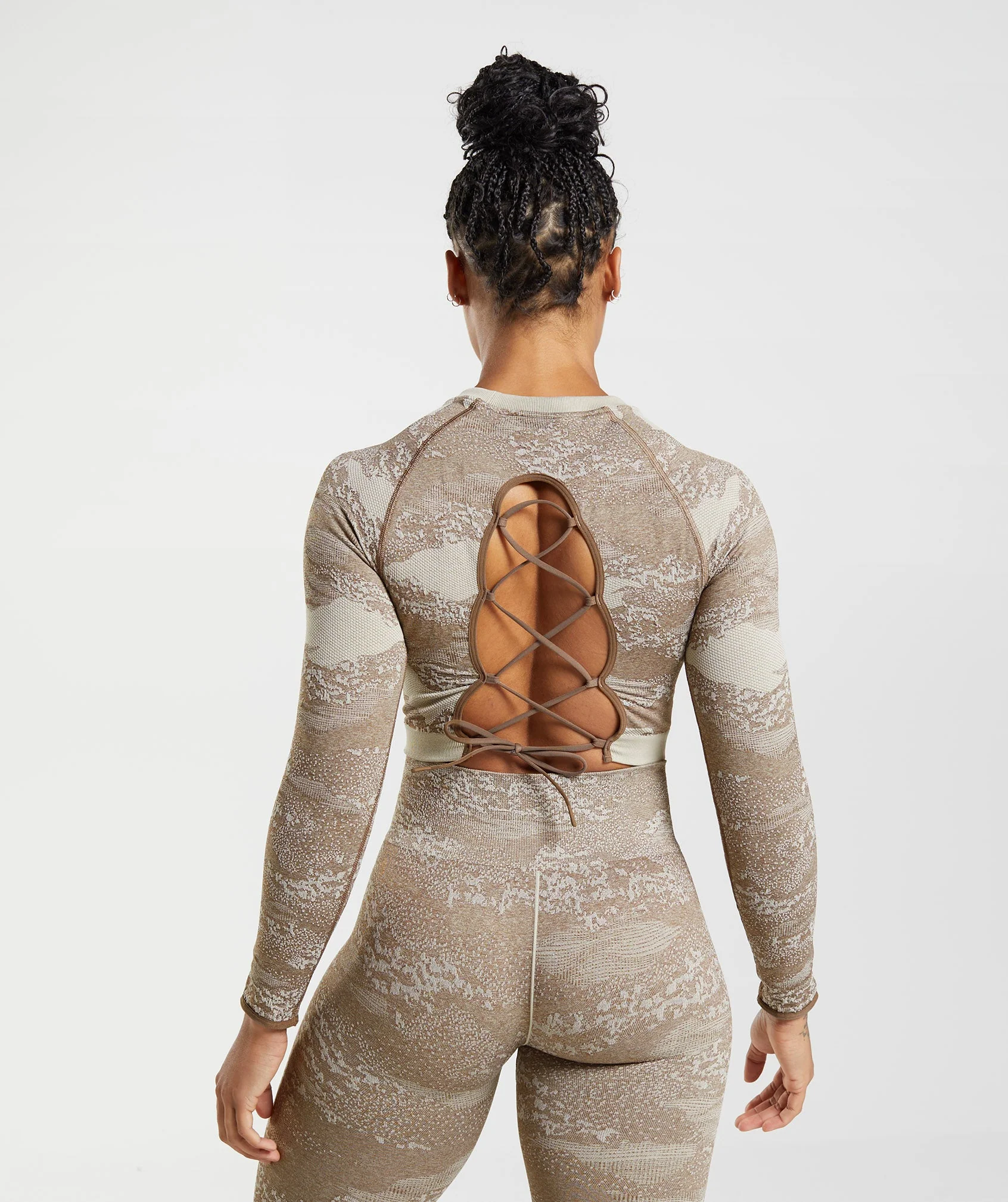 Adapt Camo Seamless Lace Up Back Top Pebble Grey/Soul Brown