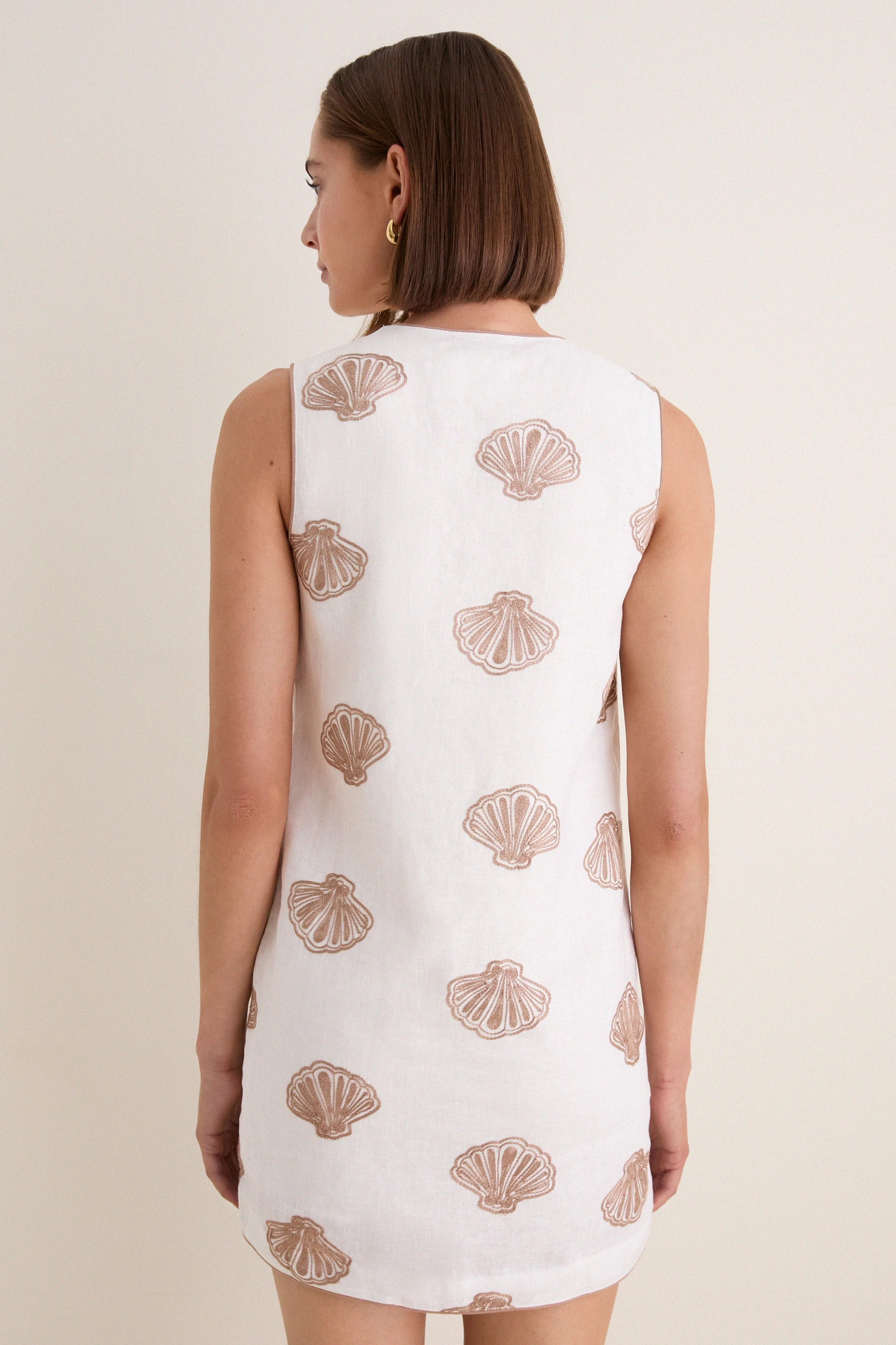 White & Tan Embroidered Seashell Manteo Mini Dress