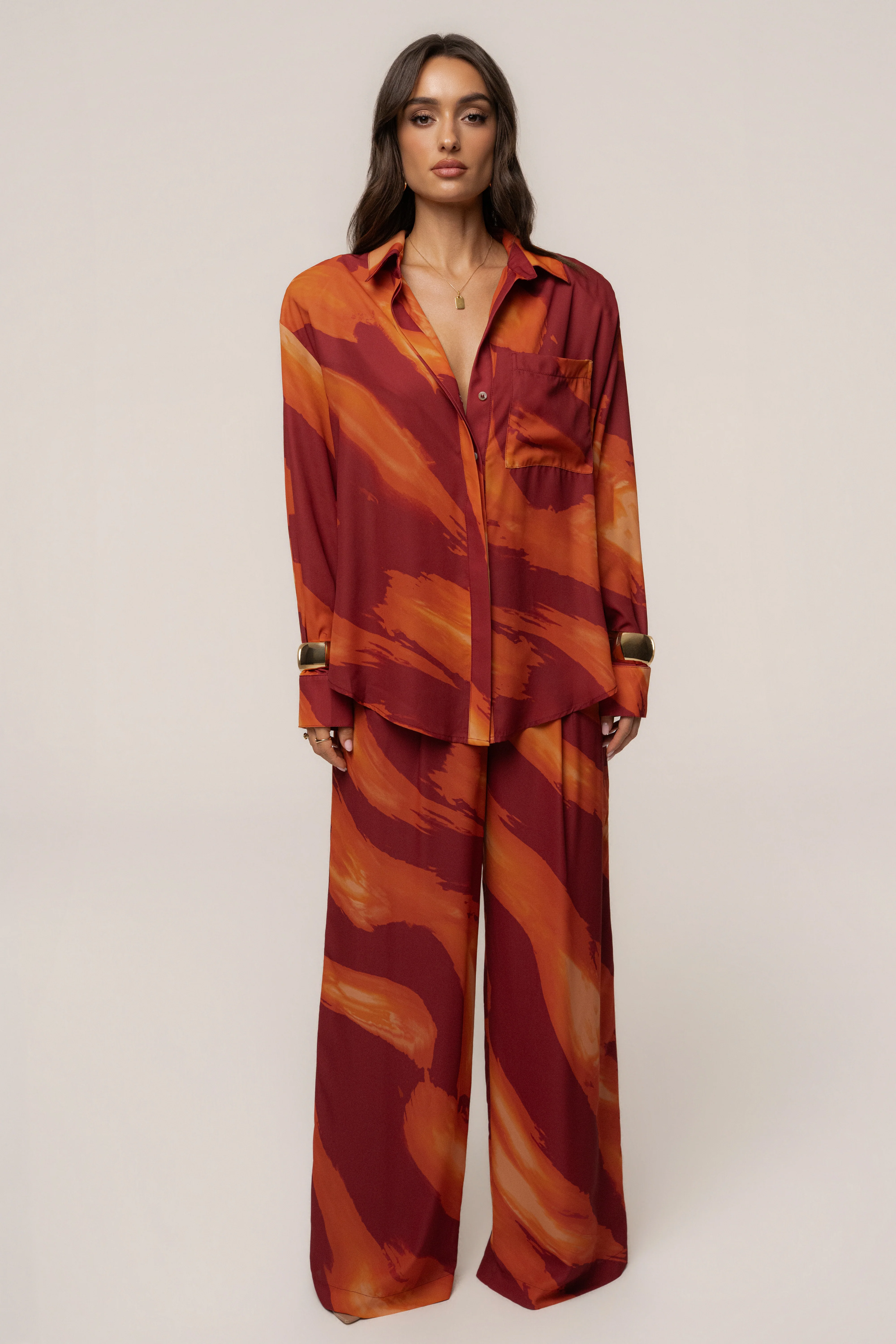 Crimson Dusk Fierce Form Button-Down Shirt