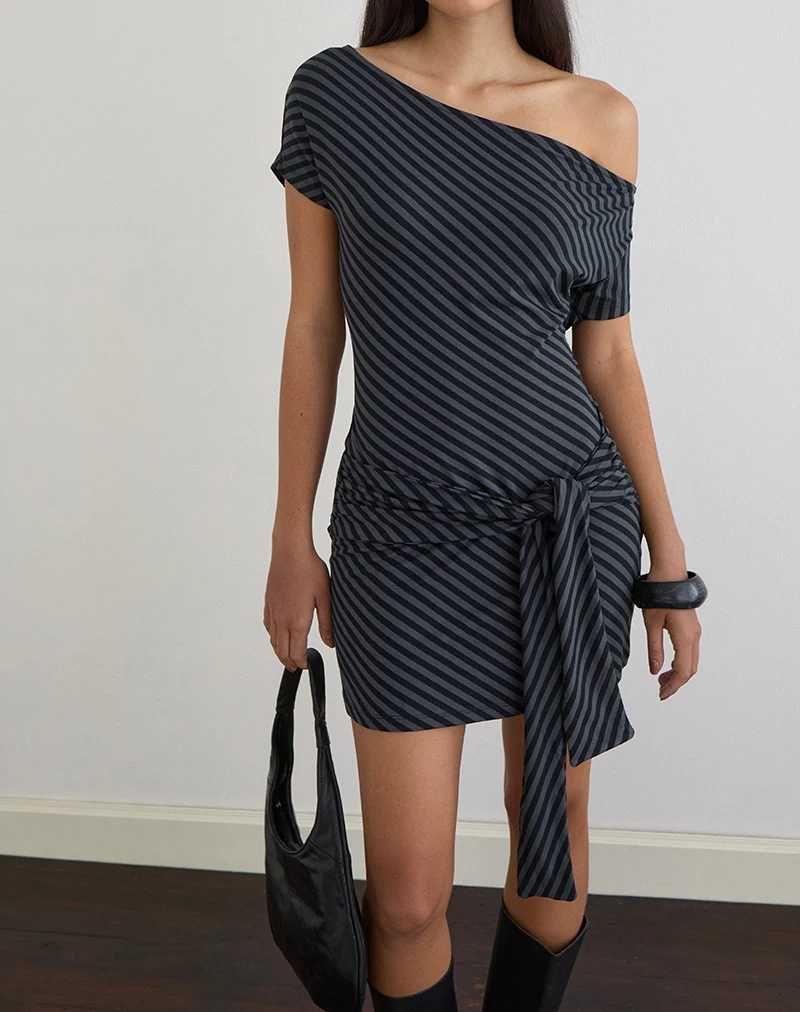 Genya Mini Dress in Oblique Stripe Ocean Storm