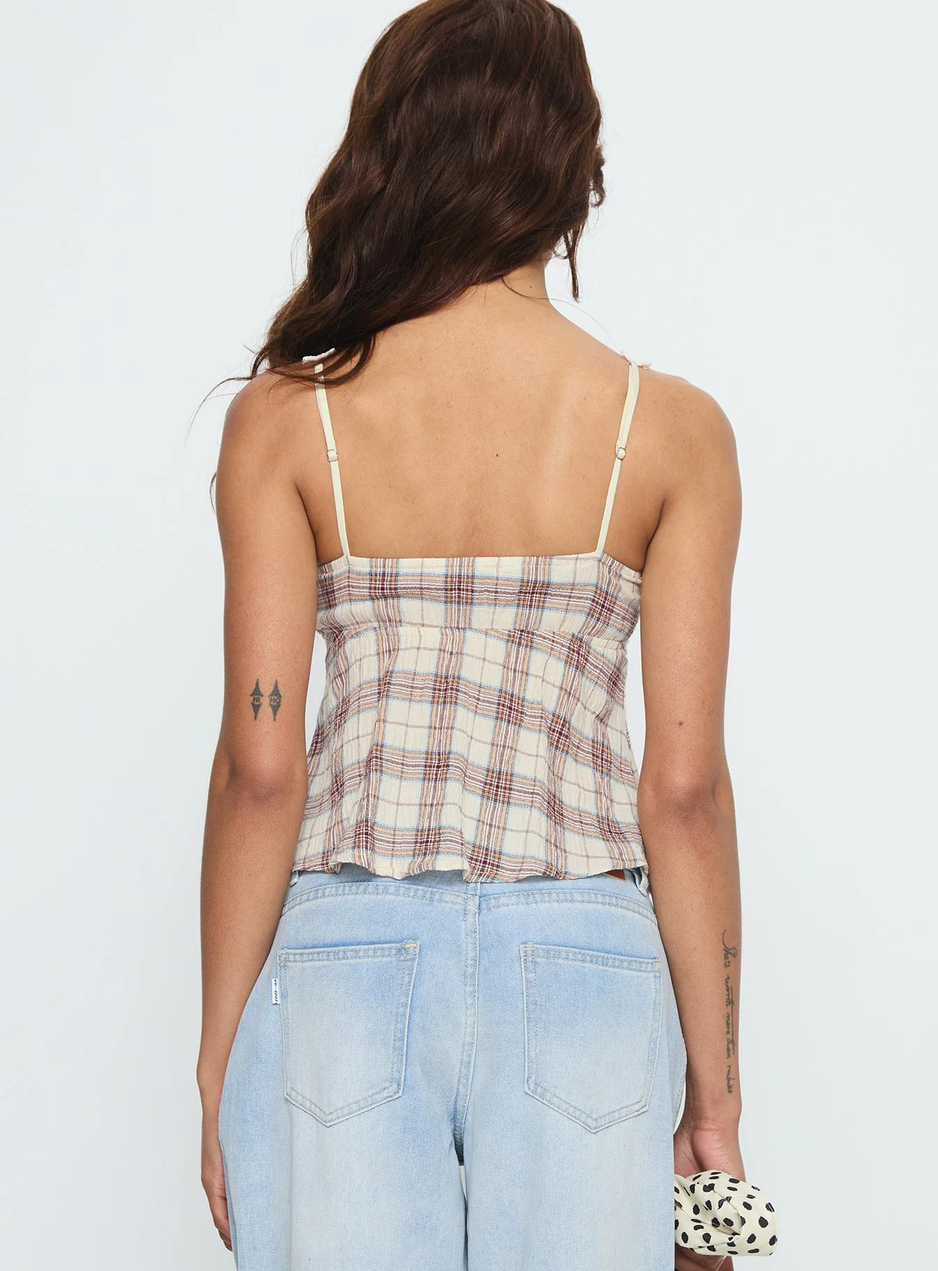 Pretty It Up Tie Detail Top Beige Check