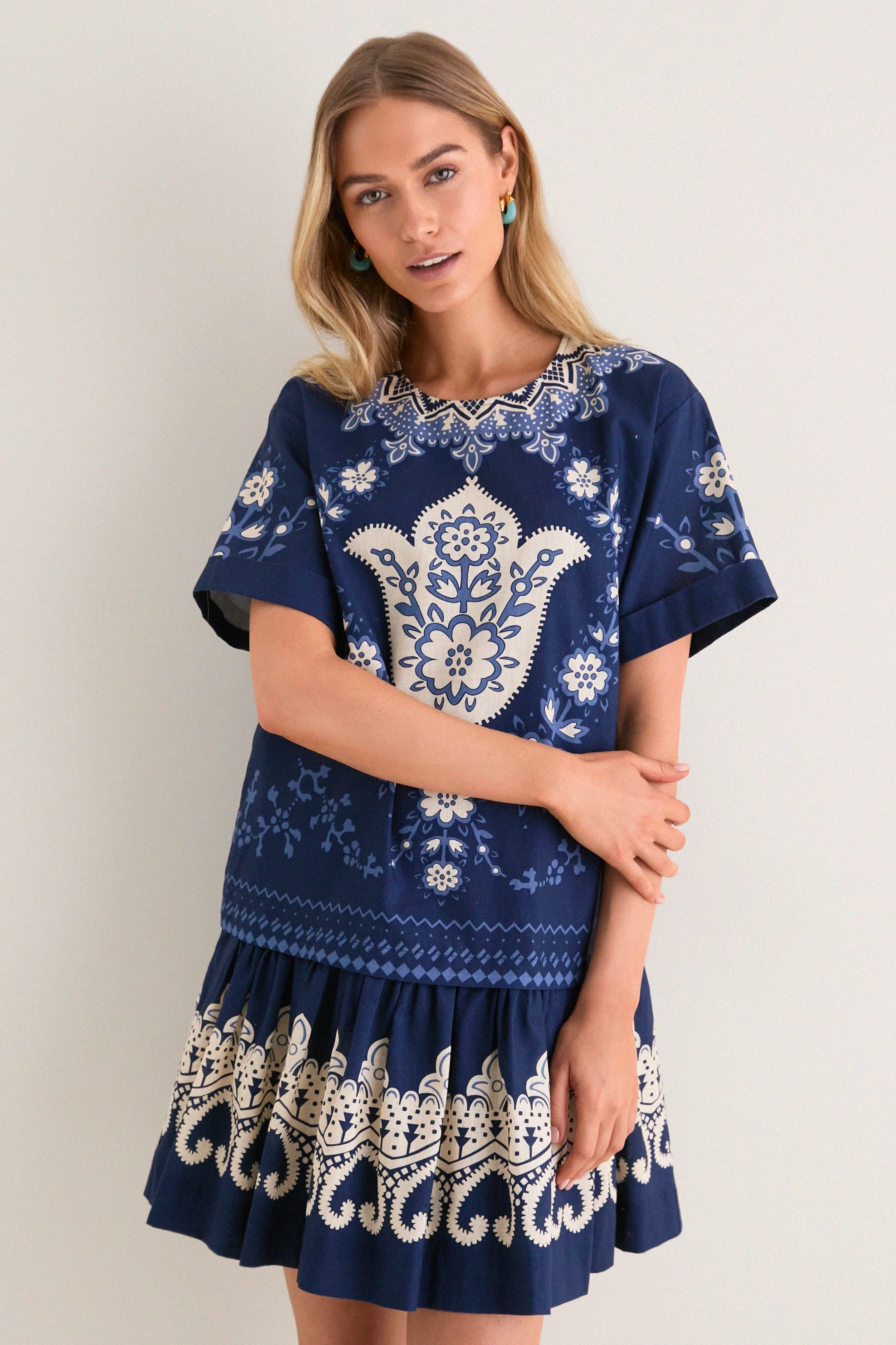 Navy Emelina Print Short Sleeve Mini Dress