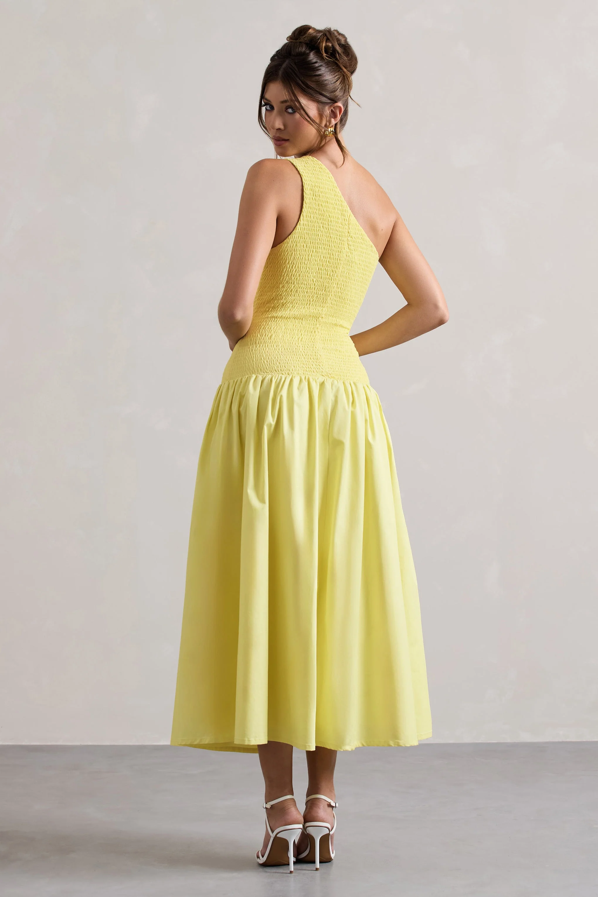 Sorbet | Lemon Poplin One Shoulder Pleated Maxi Dress