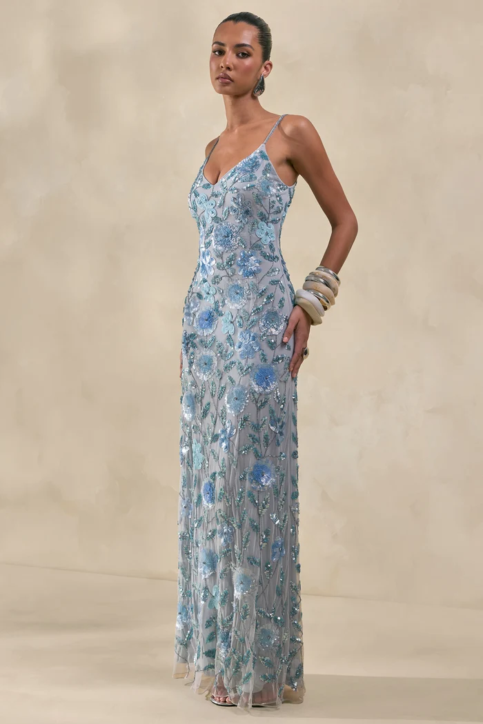 Gemini | Blue Embellished Strappy Maxi Dress