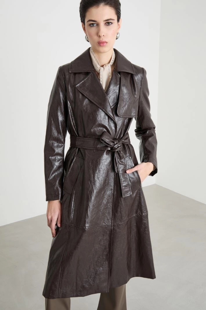 Coated jersey trench coat - BROWN