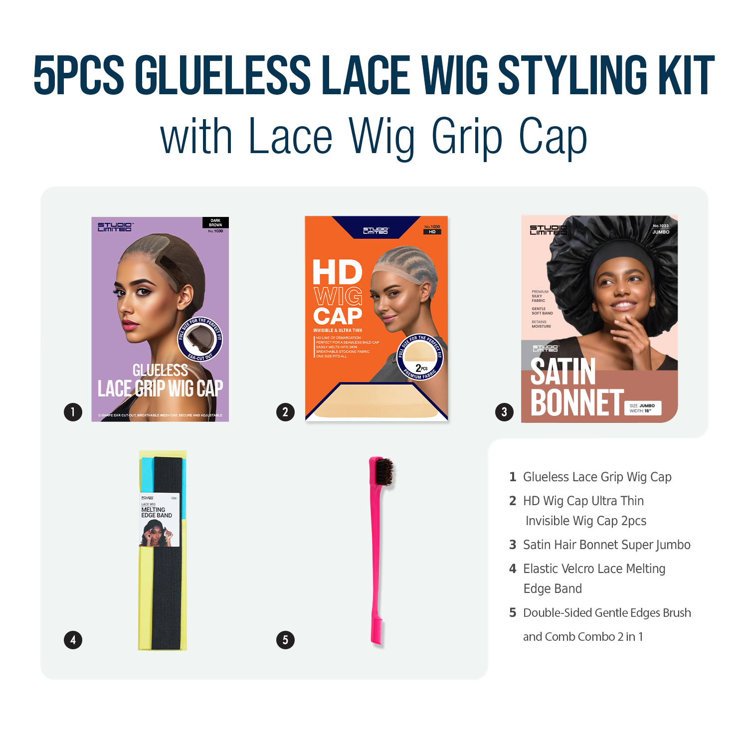 5pcs Glueless Lace Wig Styling Kit with Lace Wig Grip Cap