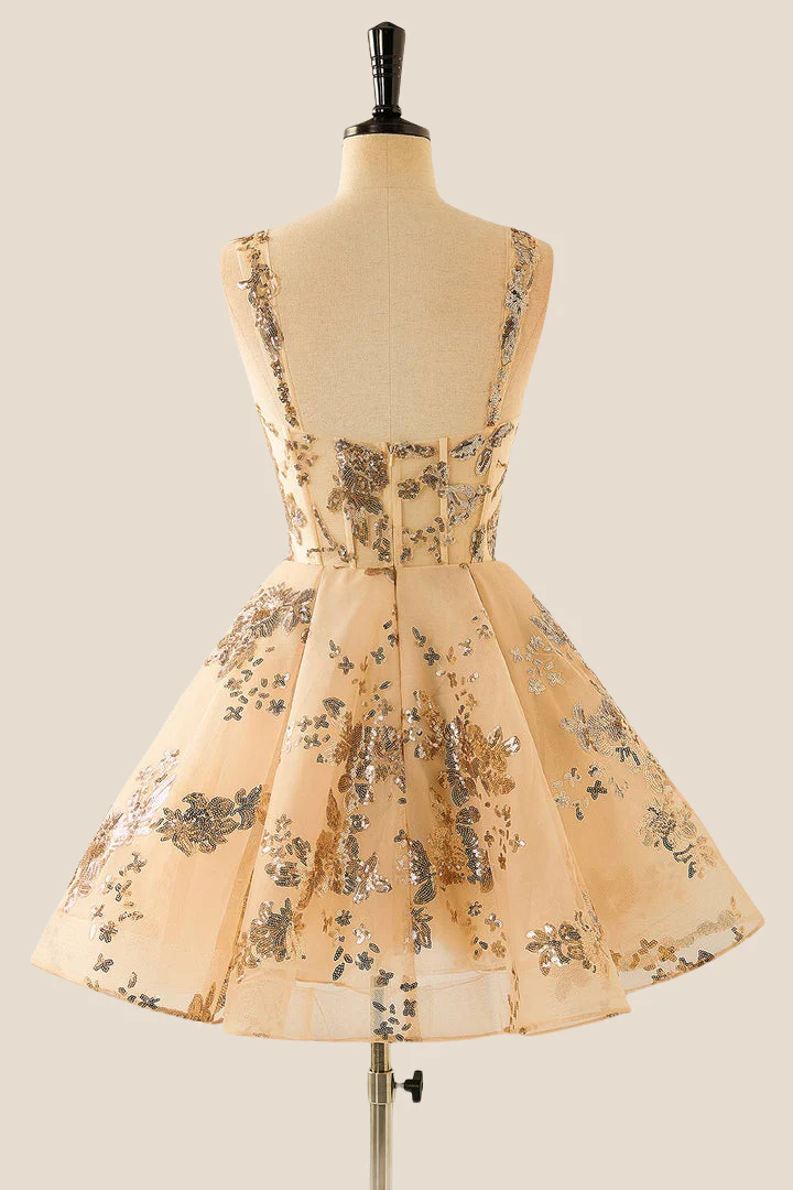Champagne Sequin Appliques A-line Short Dress