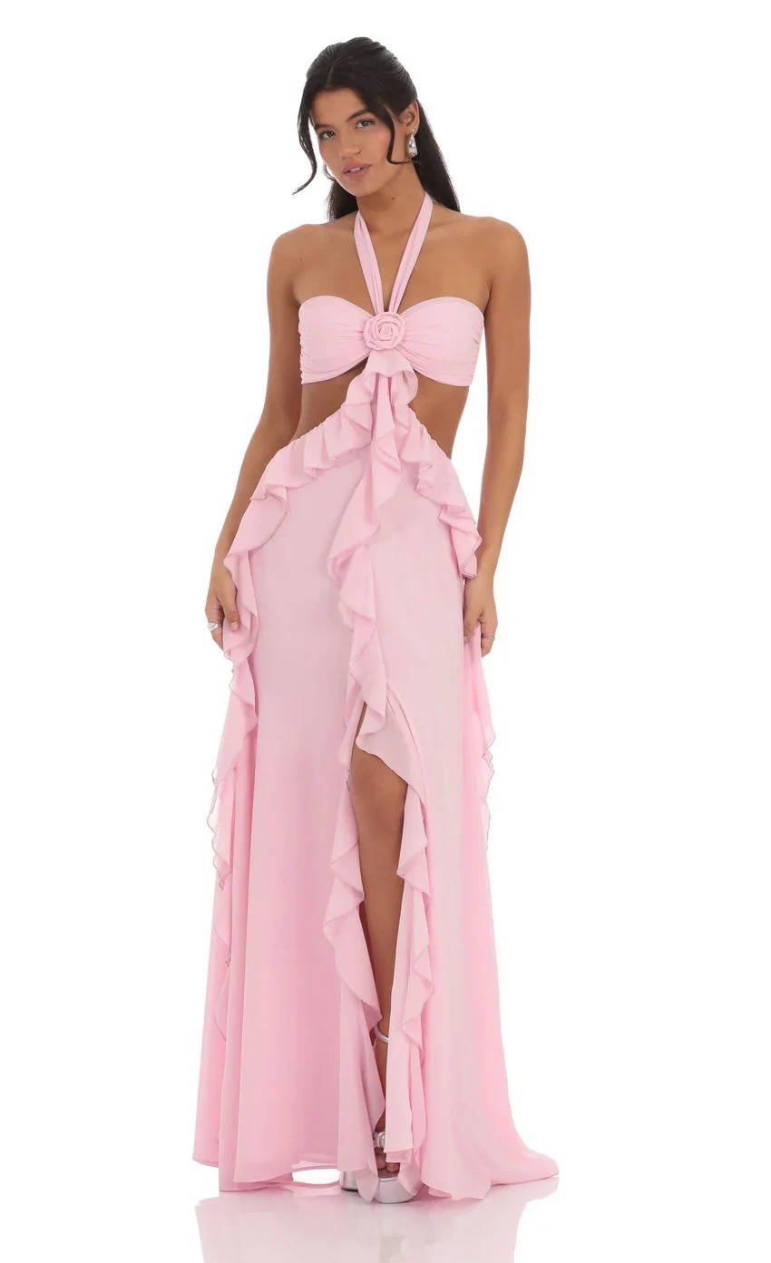 Chiffon Cutout Ruffle Maxi Dress in Pink