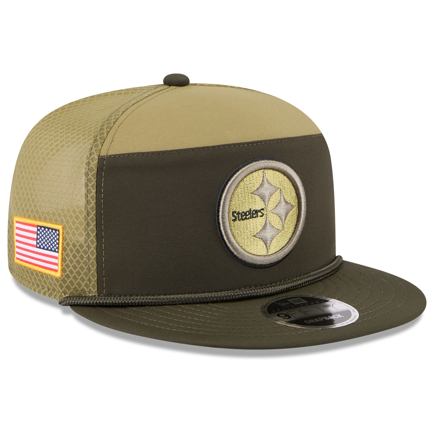 Pittsburgh Steelers 2025 NFL Salute to Service 9FIFTY Split Panel Trucker Snapback Cap Olive