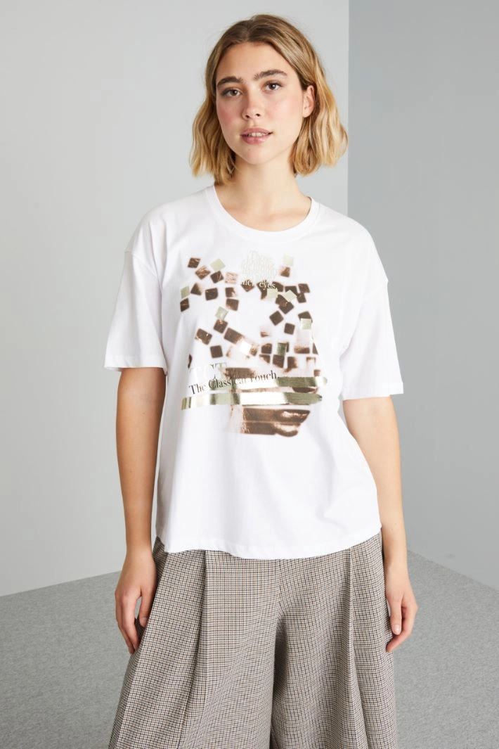 Print-adorned jersey T-shirt - WHITE BROWN