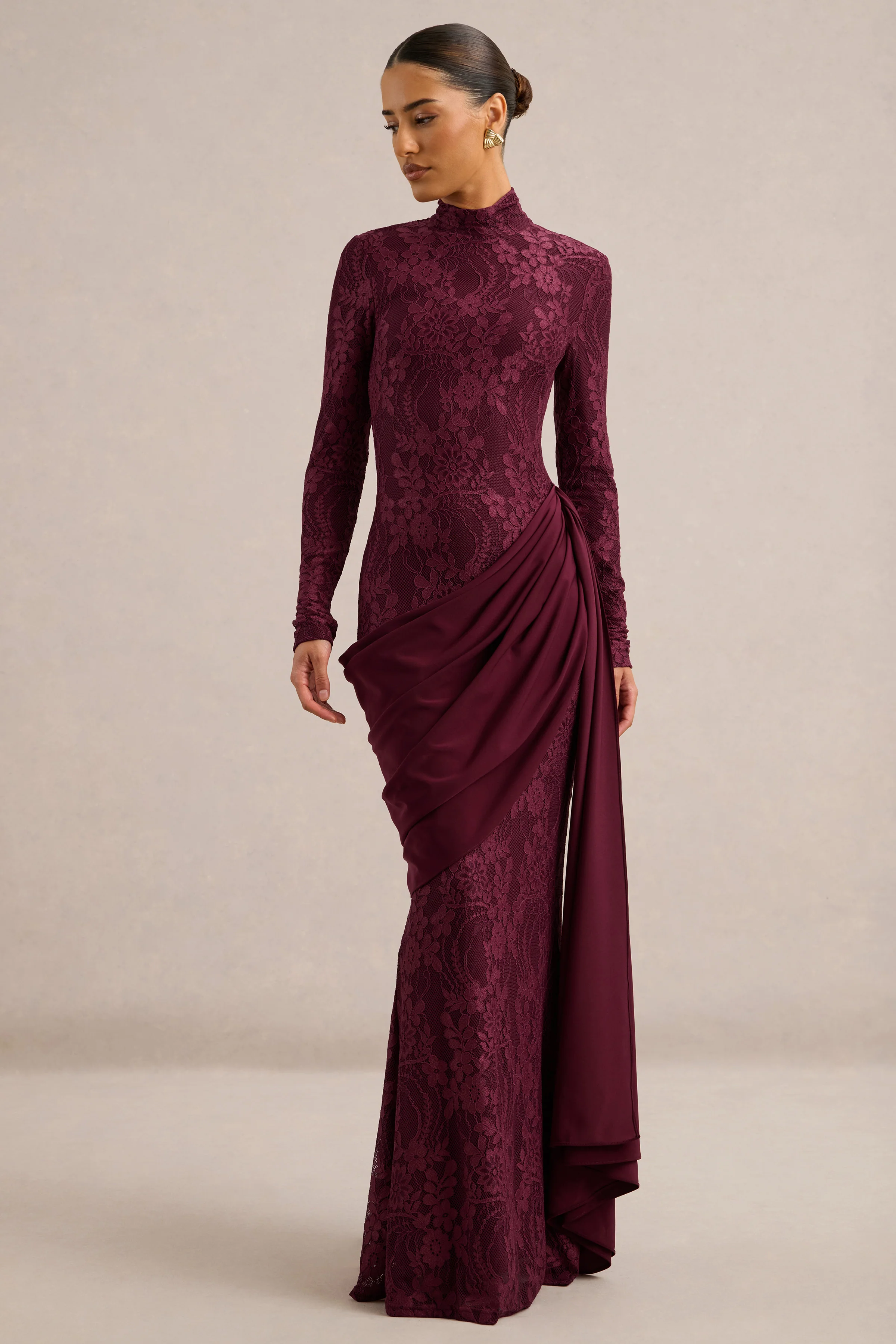 Enestra | Burgundy Lace High Neck Long Sleeve Maxi Dress With Draped Detailing And Sash