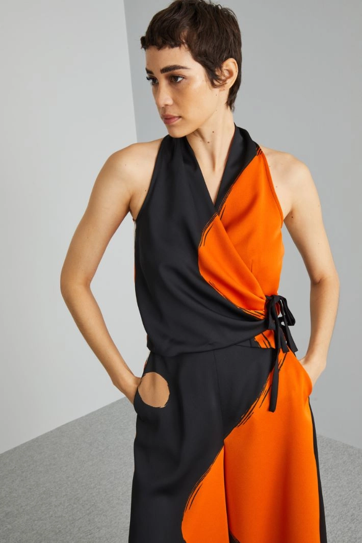 Halter neck top - BLACK ORANGE WHITE