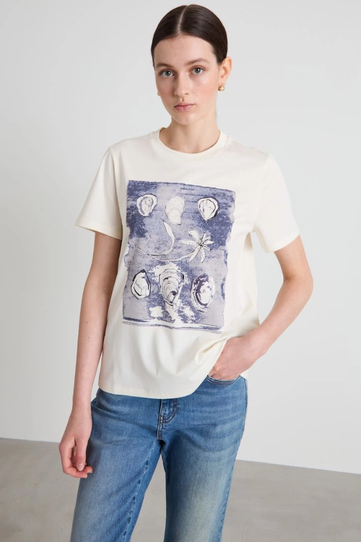 Cotton T-shirt with print - IVORY BLUE